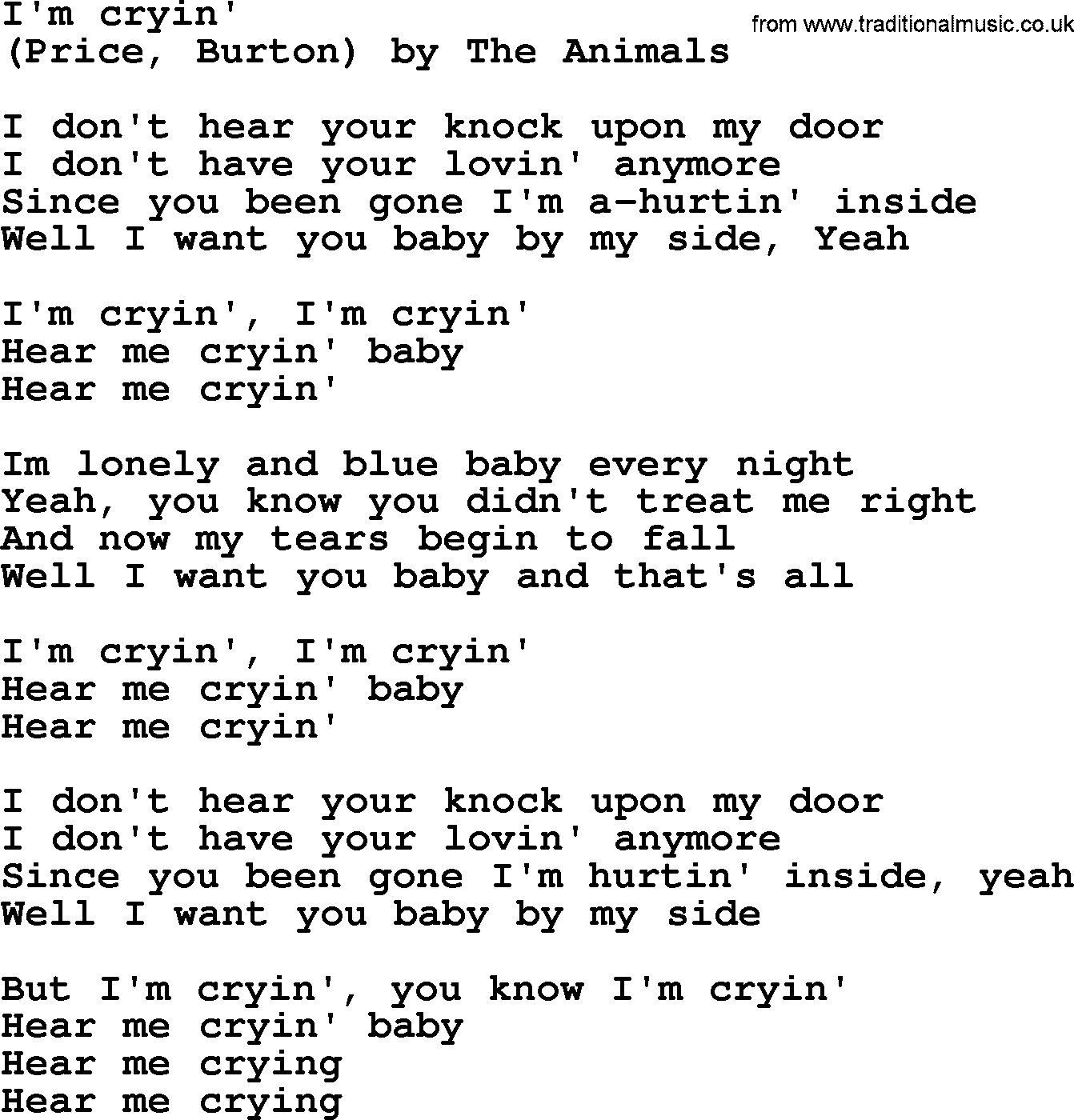 Bruce Springsteen song: I'm Cryin' lyrics