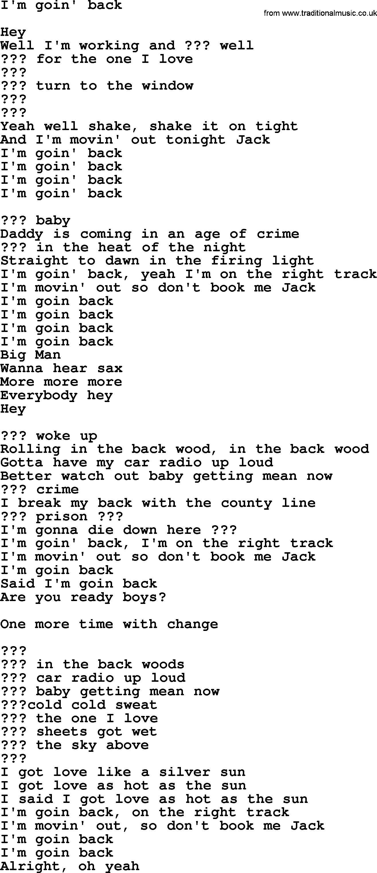 Bruce Springsteen song: I'm Goin' Back lyrics