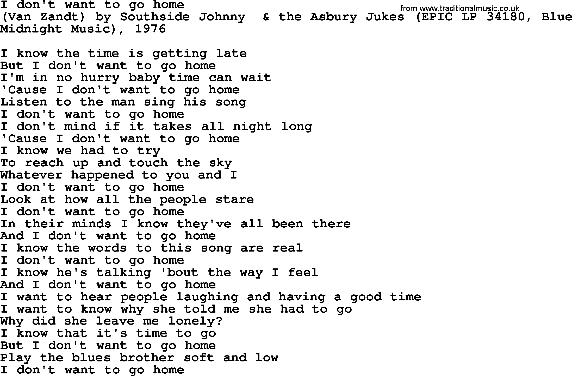 Bruce Springsteen song: I Don't Want To Go Home lyrics
