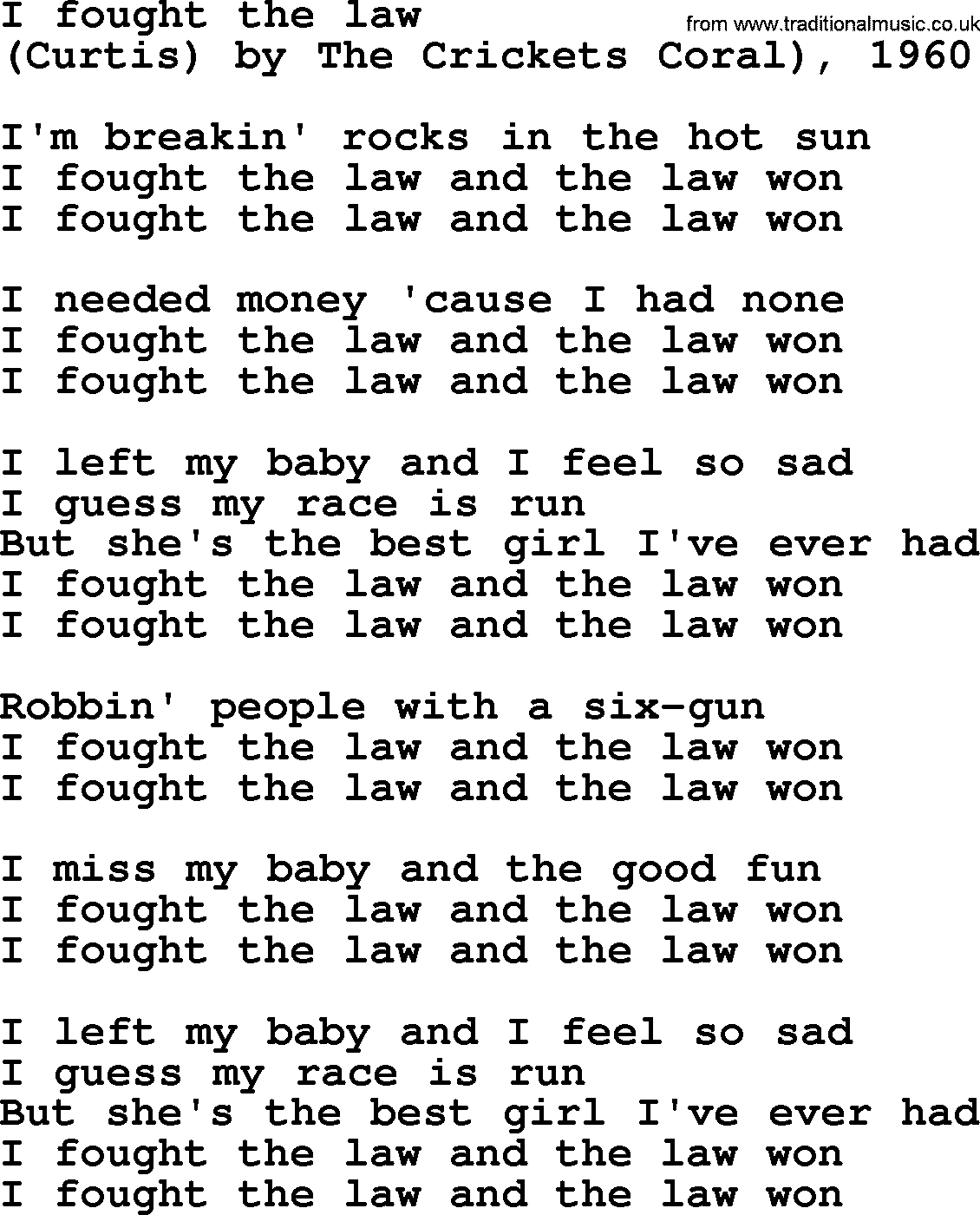 Bruce Springsteen song: I Fought The Law lyrics
