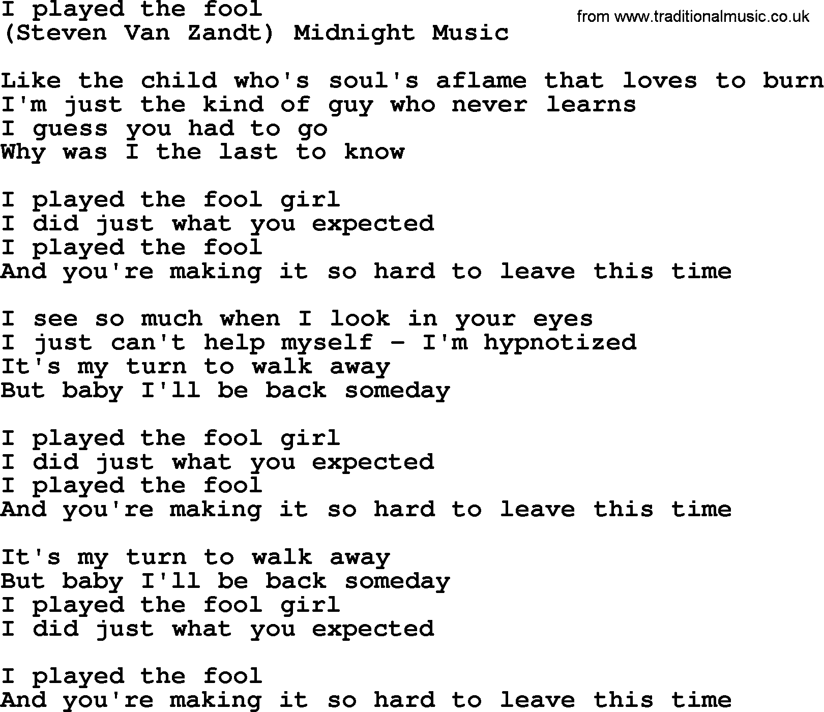 Bruce Springsteen song: I Played The Fool lyrics