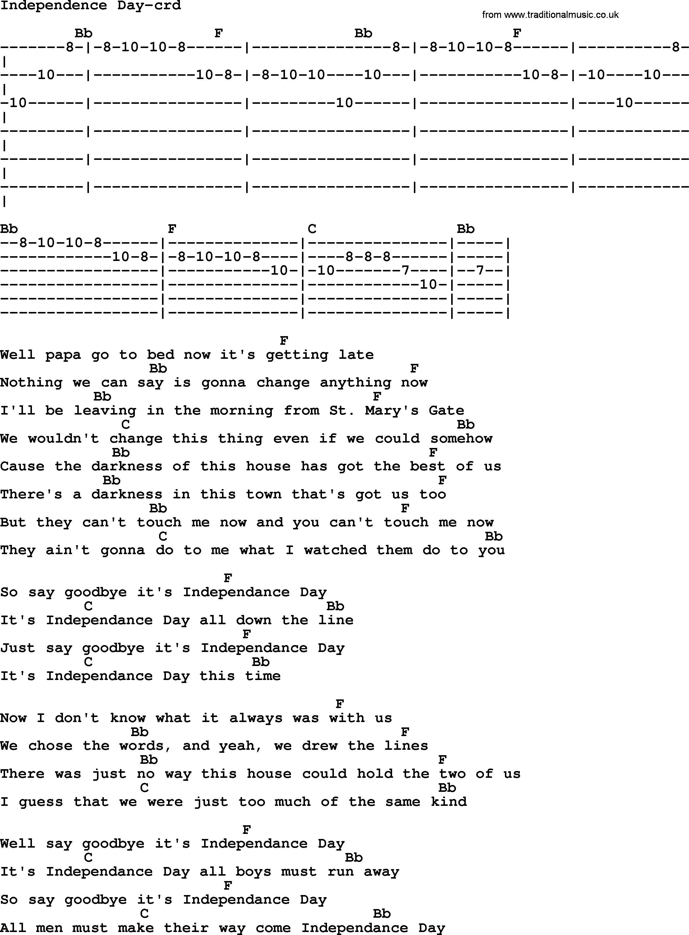 Bruce Springsteen song: Independence Day, lyrics and chords