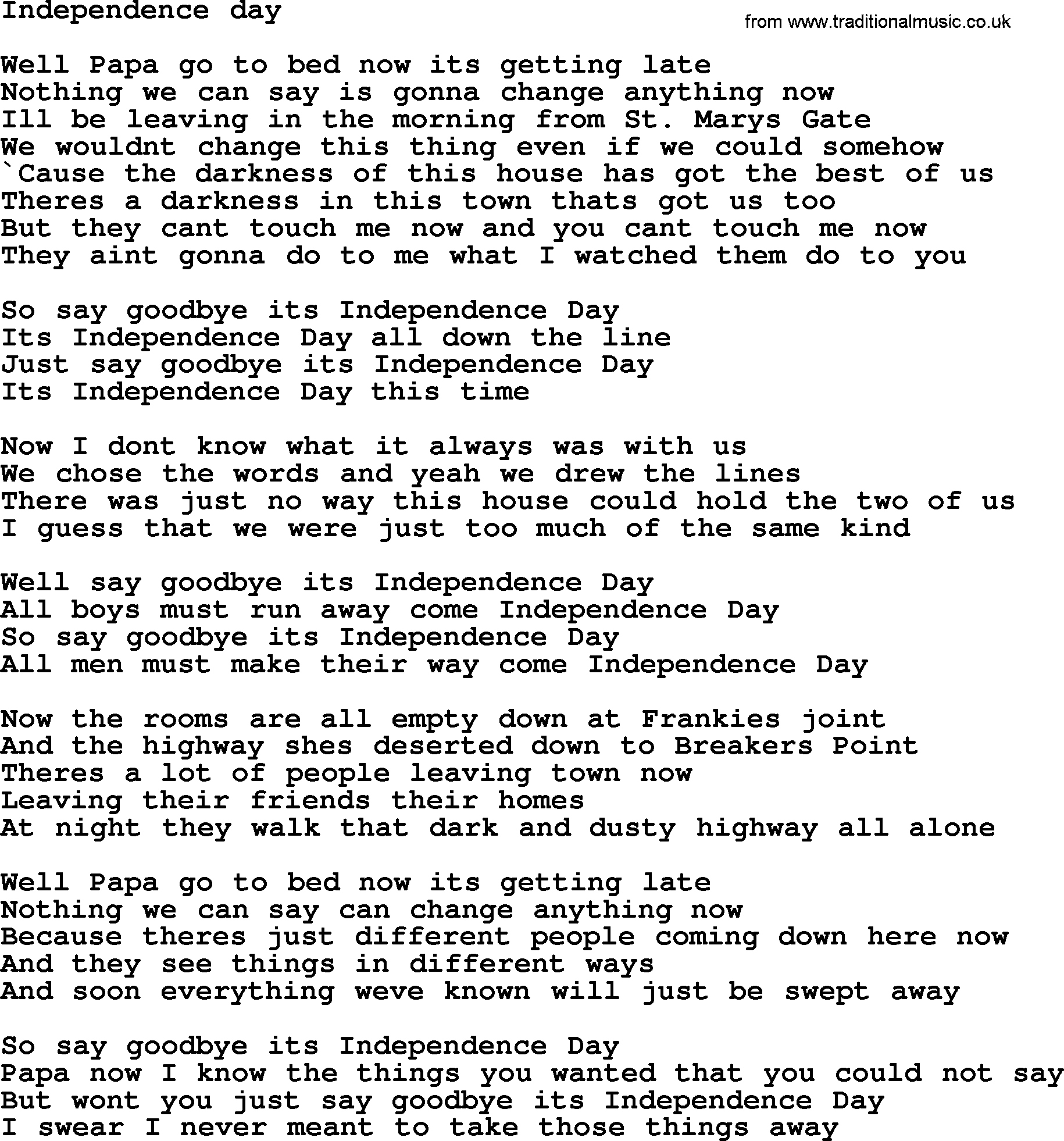 Bruce Springsteen song: Independence Day lyrics
