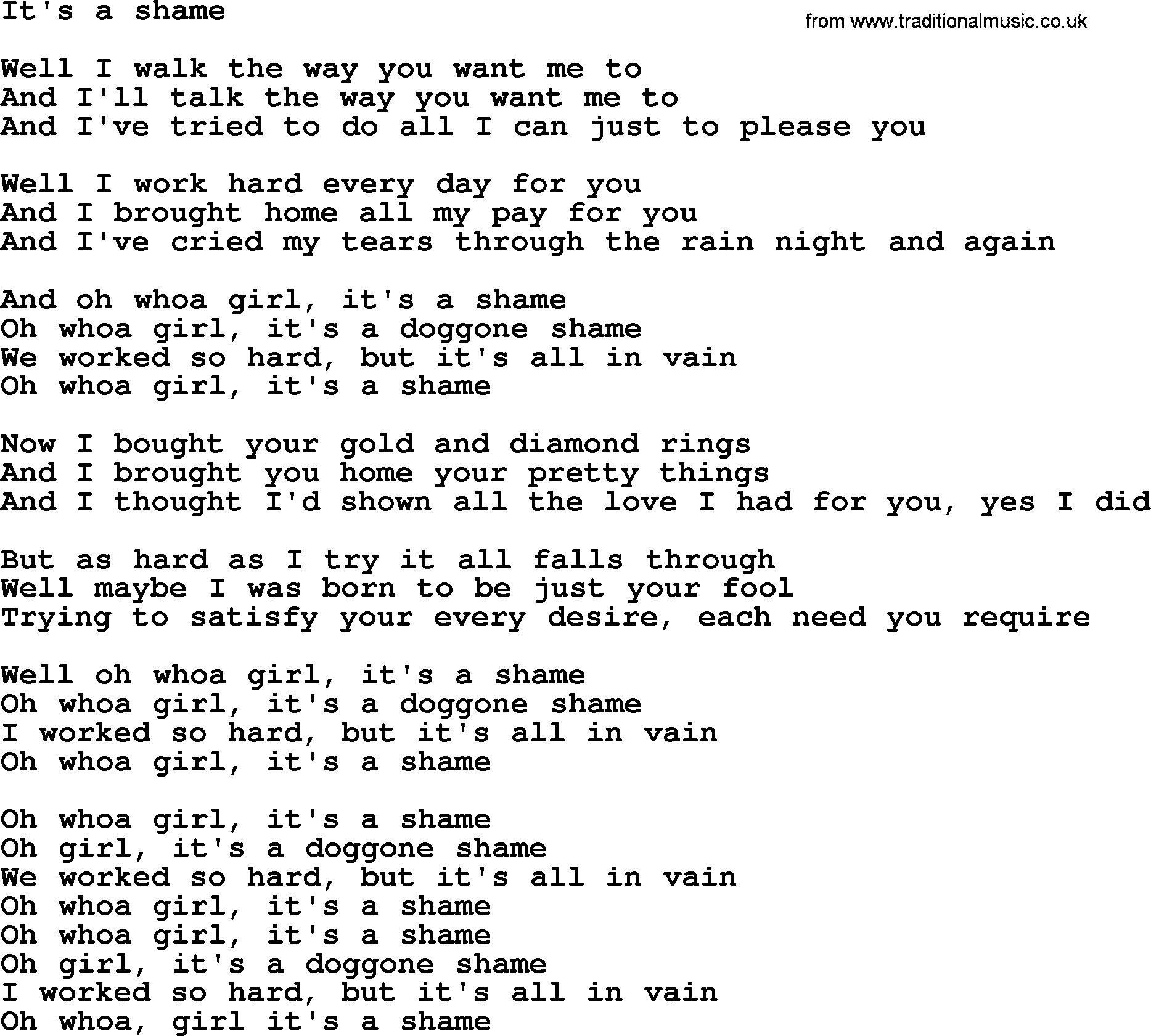Bruce Springsteen song: It's A Shame lyrics