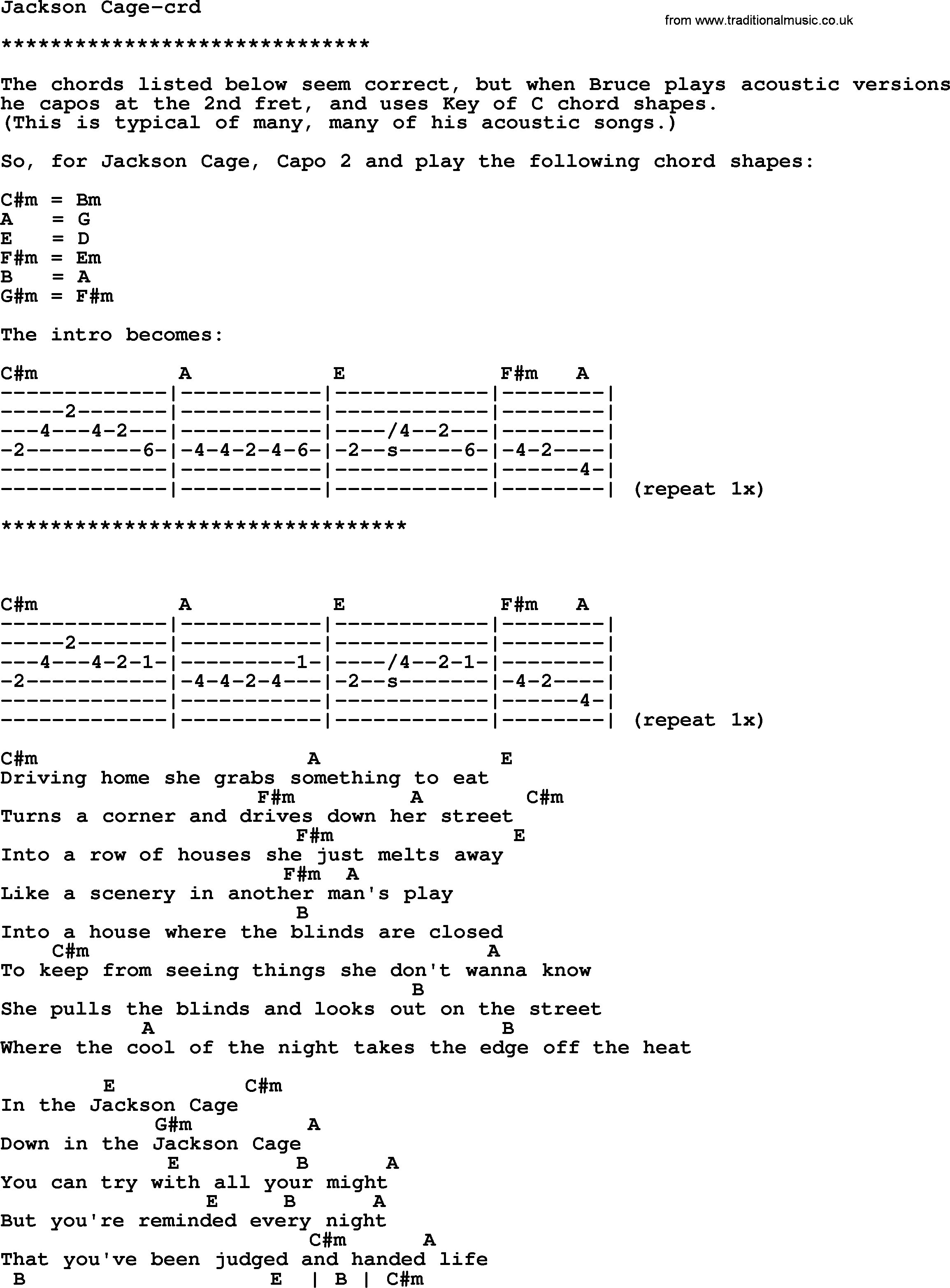 Bruce Springsteen song: Jackson Cage, lyrics and chords