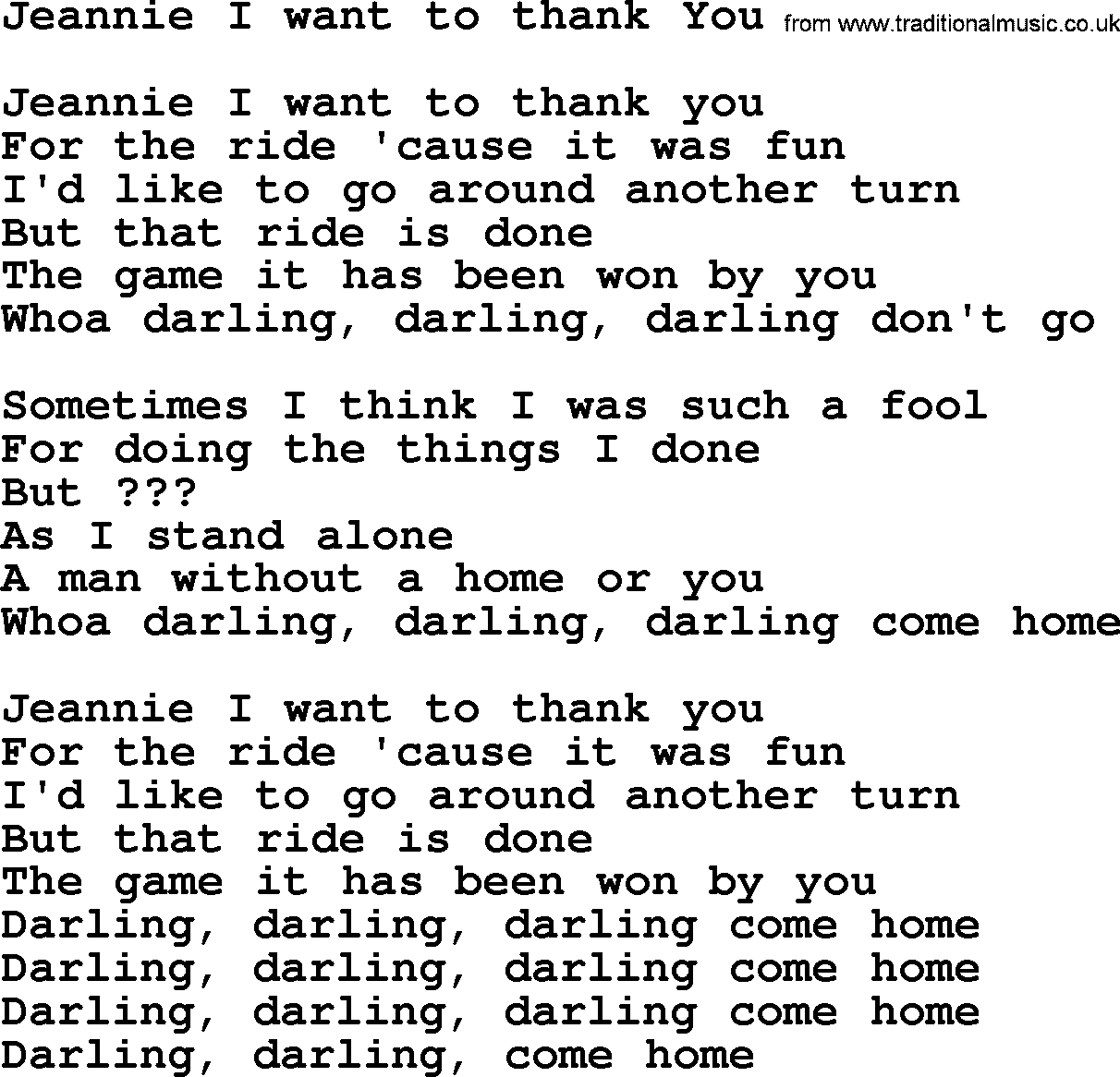 Bruce Springsteen song: Jeannie I Want To Thank You lyrics