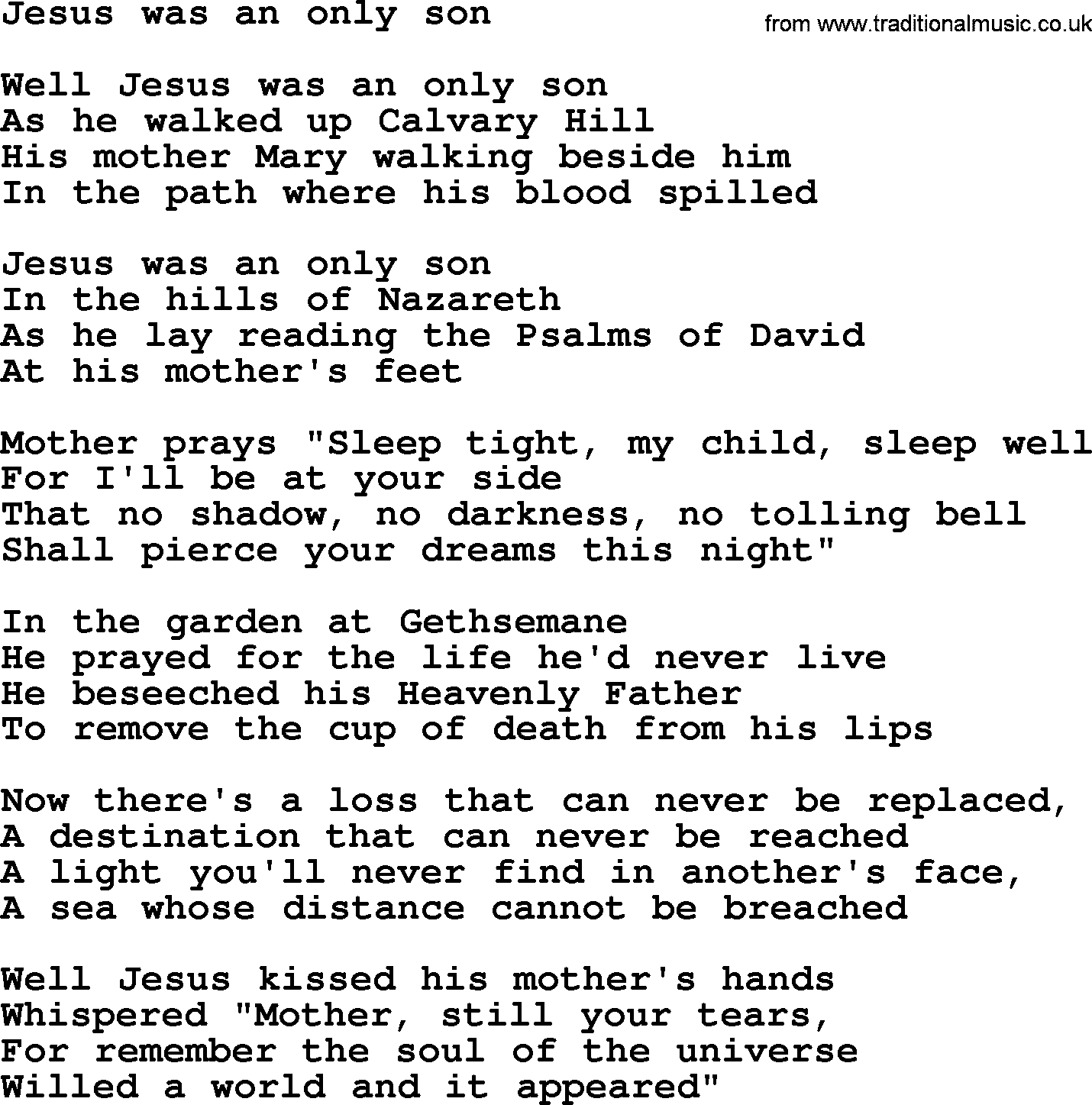 Bruce Springsteen song: Jesus Was An Only Son lyrics