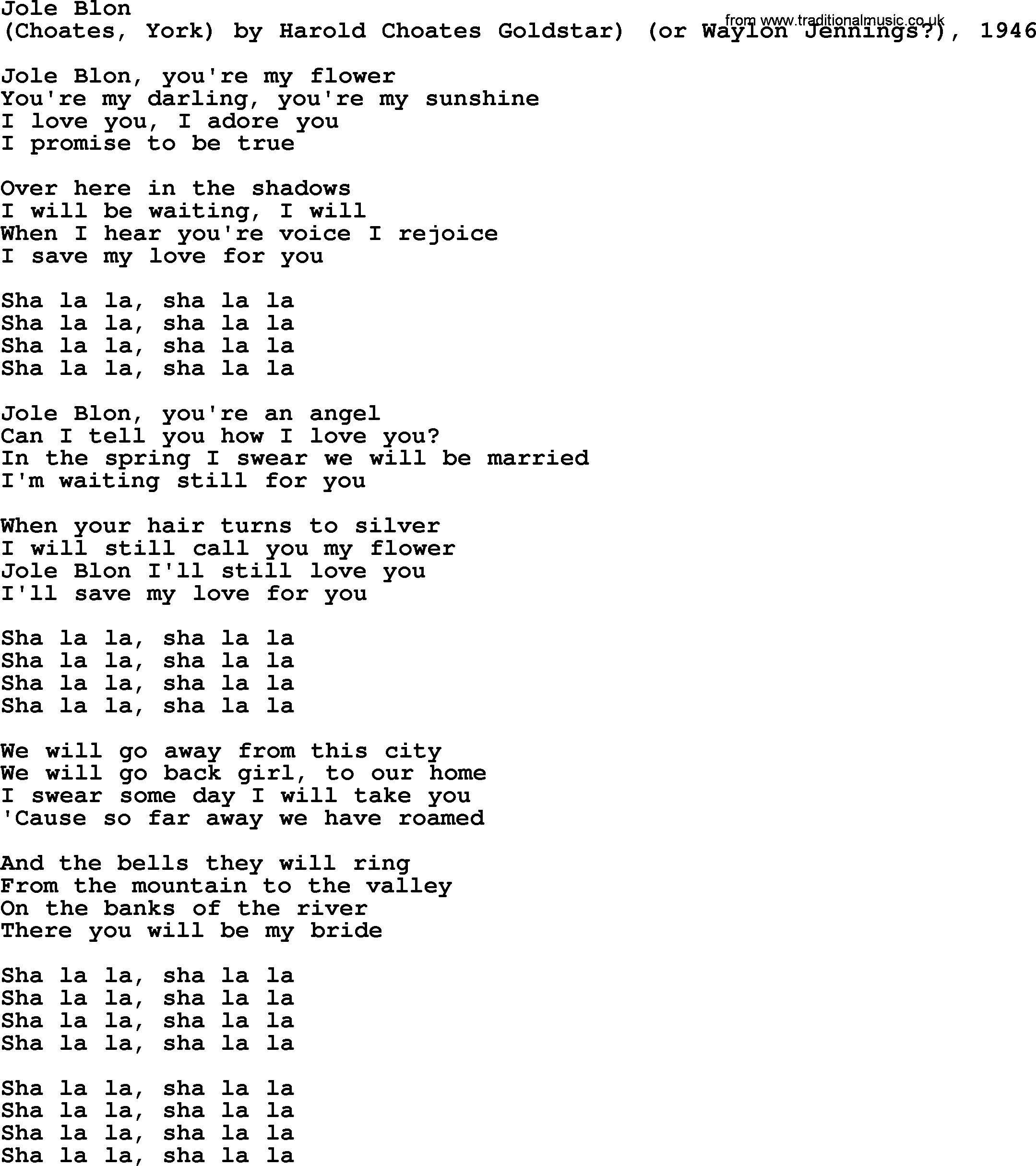 Bruce Springsteen song: Jole Blon lyrics