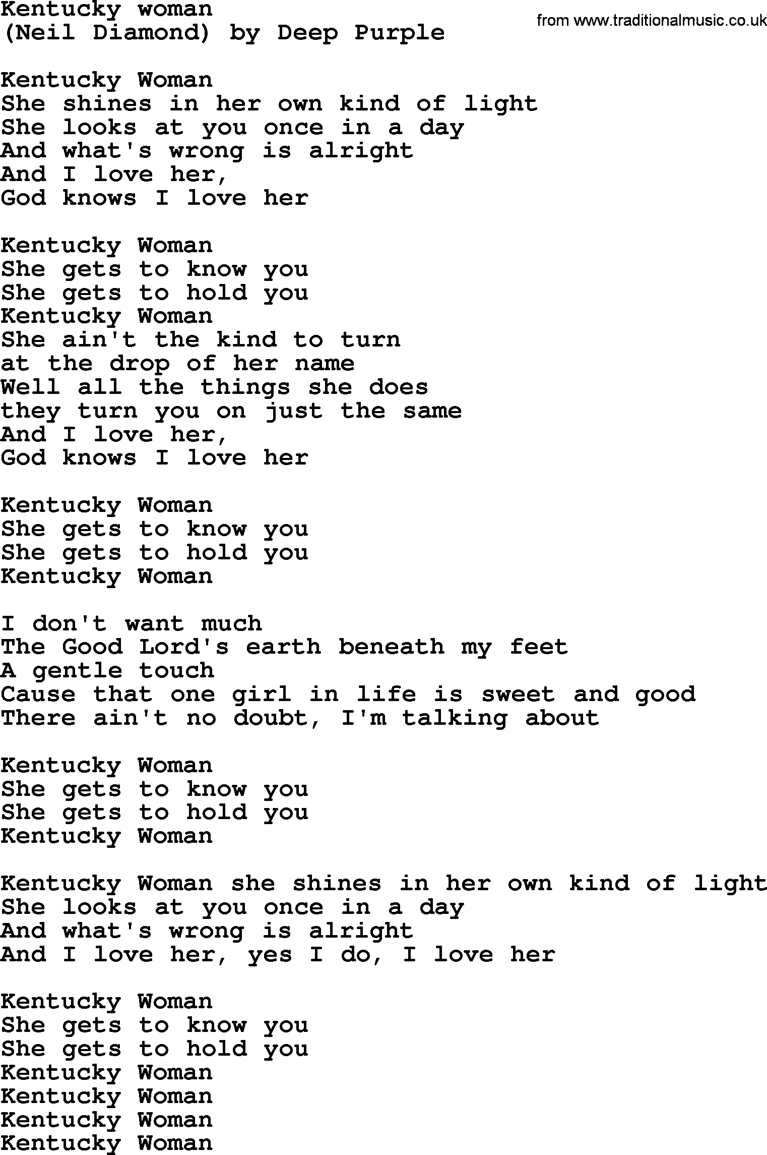Bruce Springsteen song: Kentucky Woman lyrics