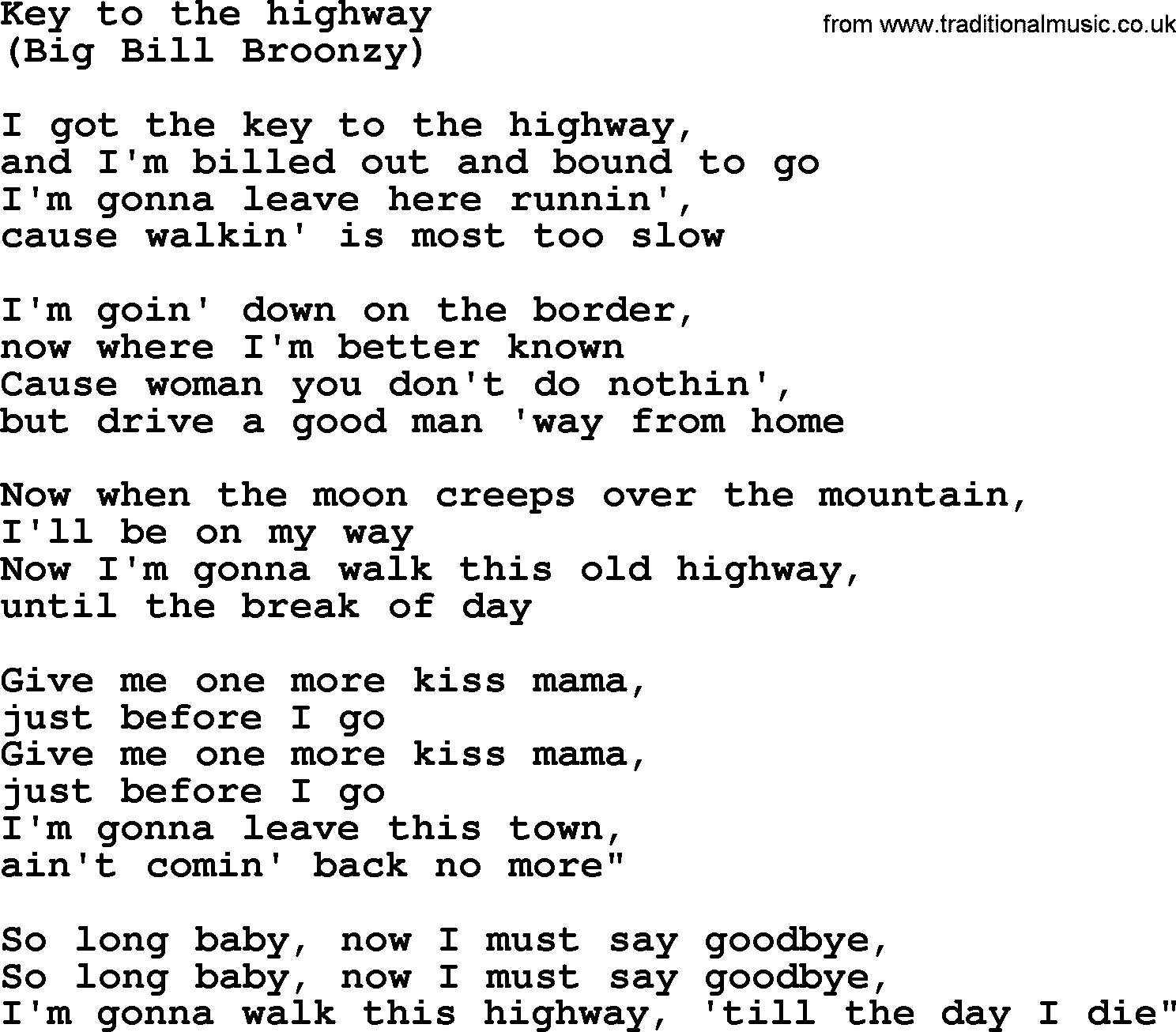 Bruce Springsteen song: Key To The Highway lyrics