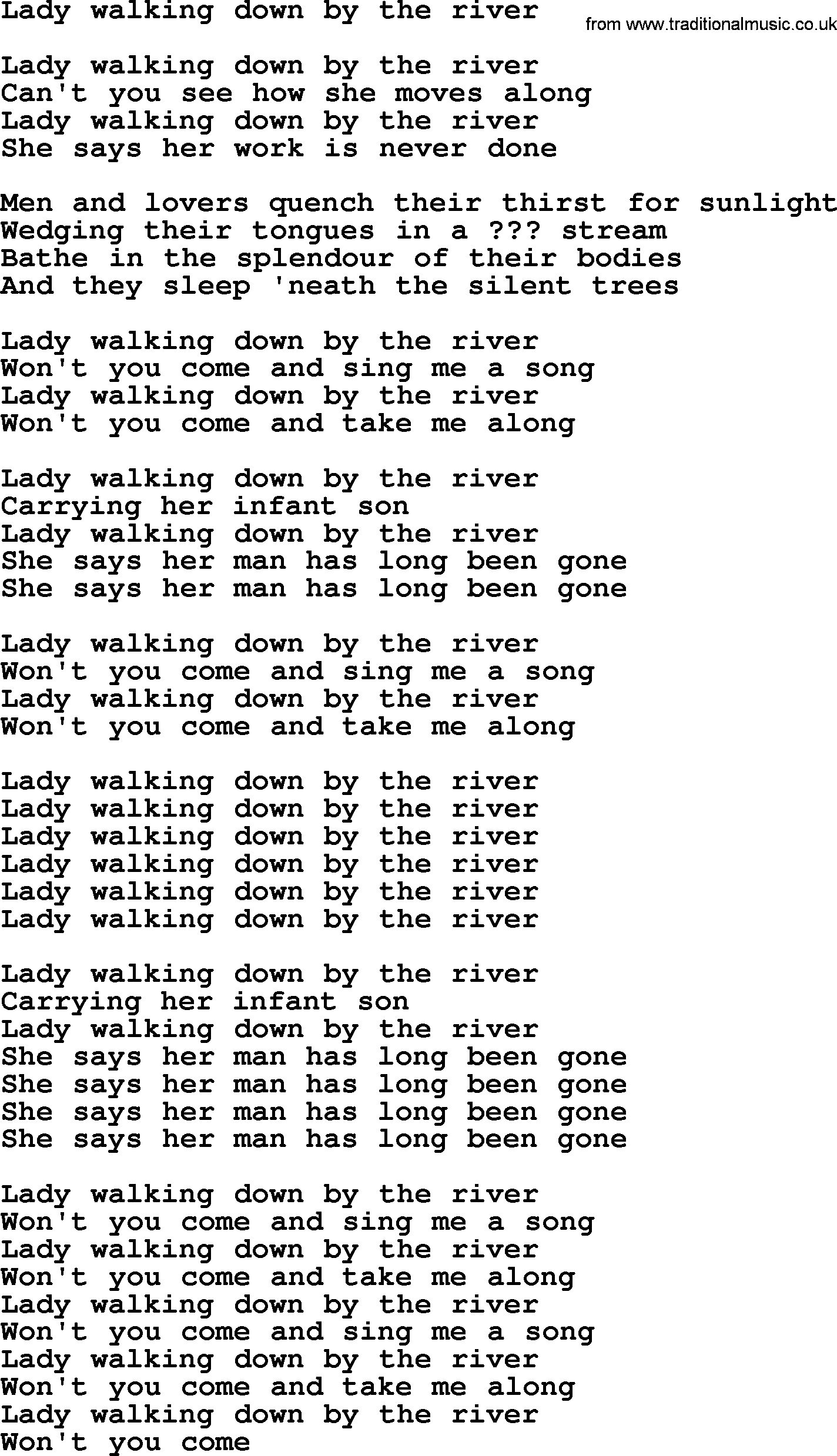 Bruce Springsteen song: Lady Walking Down By The River lyrics