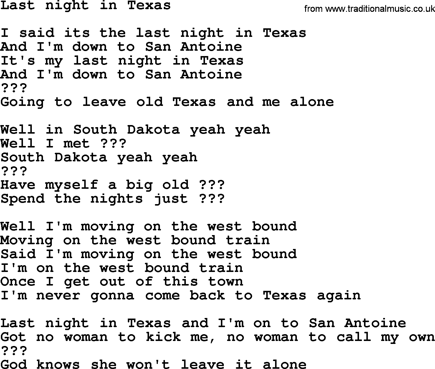 Bruce Springsteen song: Last Night In Texas lyrics