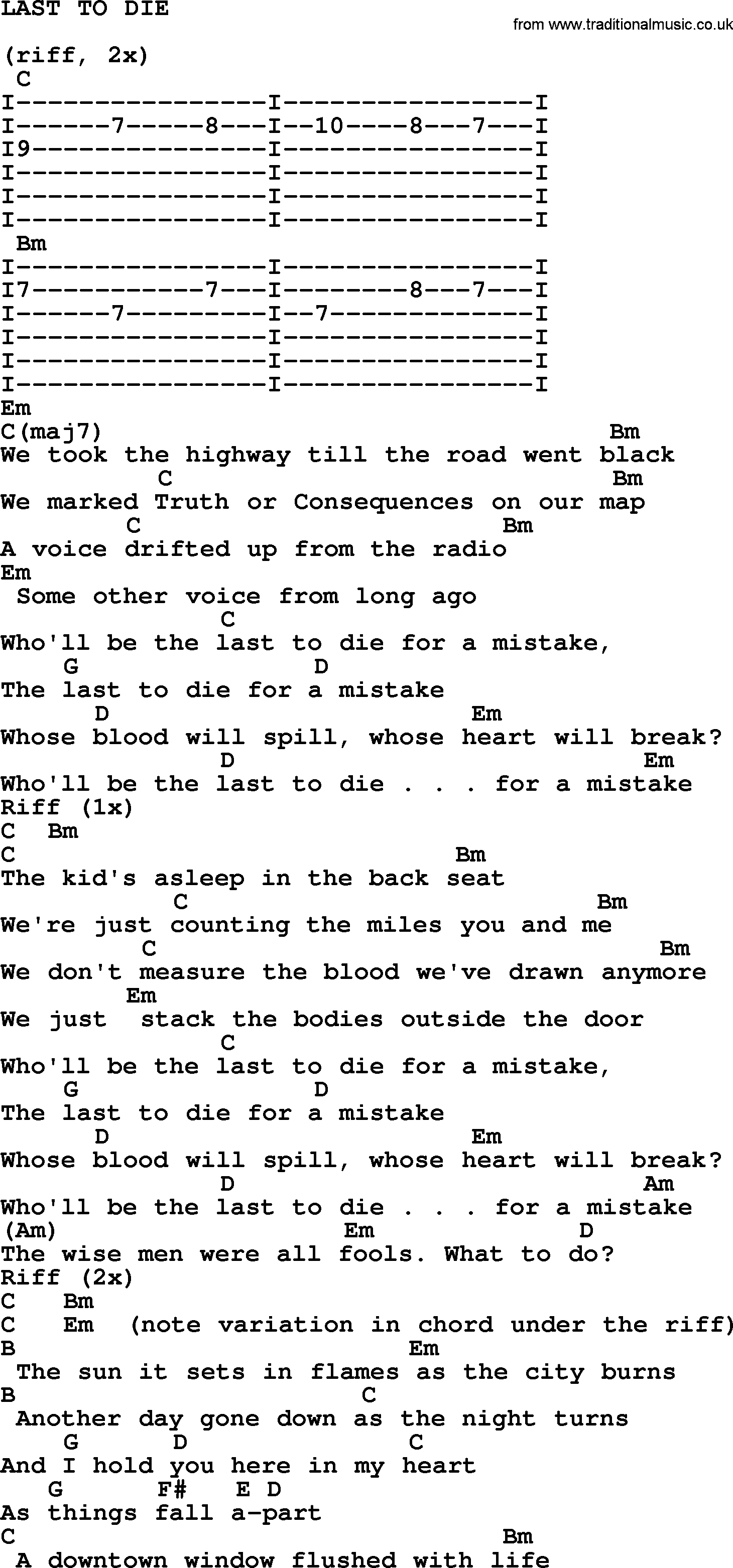 Bruce Springsteen song: Last To Die, lyrics and chords