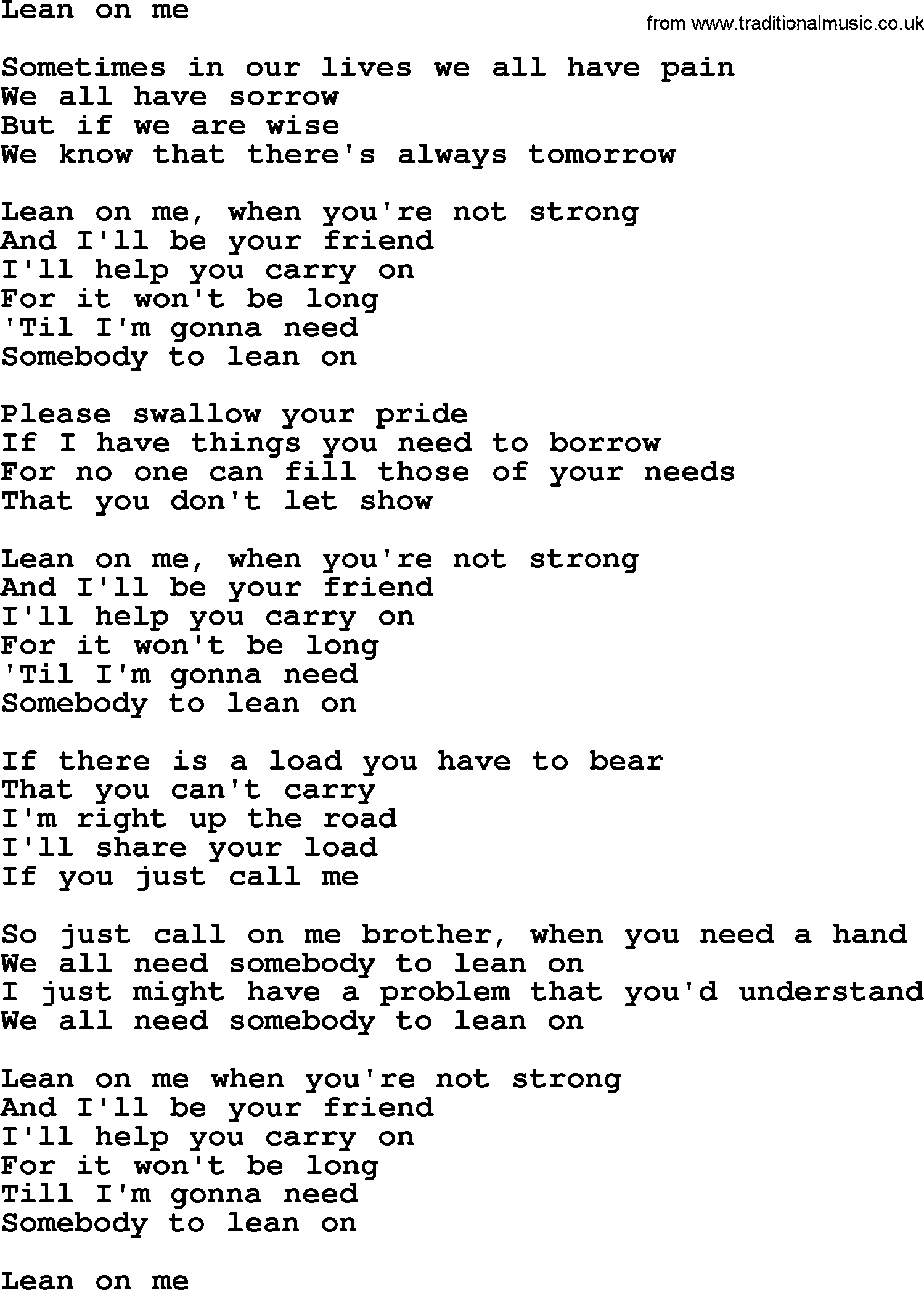 Bruce Springsteen song: Lean On Me lyrics
