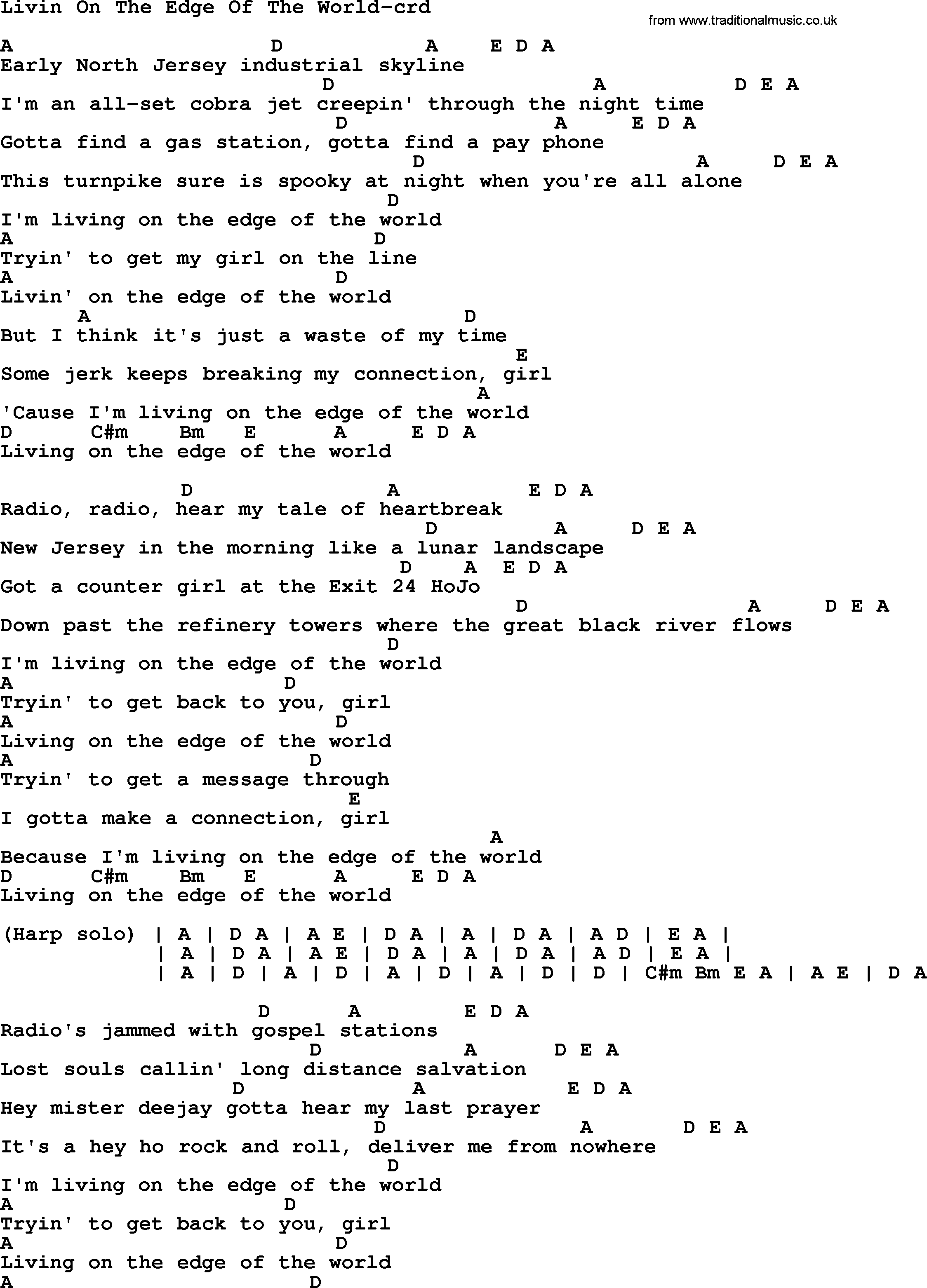 Bruce Springsteen song: Livin On The Edge Of The World, lyrics and chords
