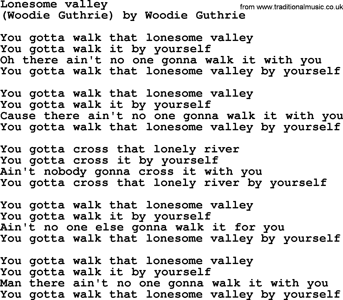 Bruce Springsteen song: Lonesome Valley lyrics
