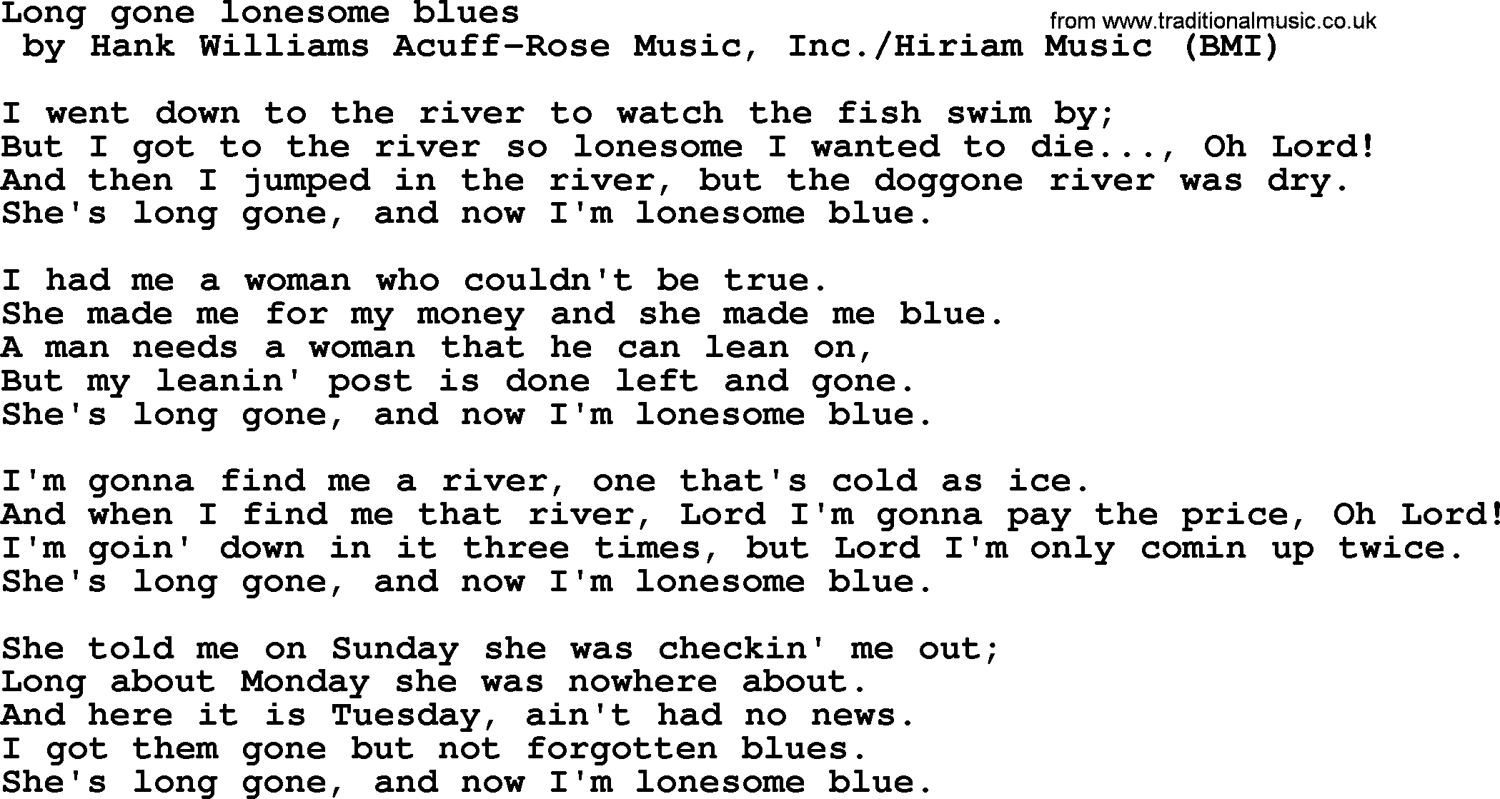 Bruce Springsteen song: Long Gone Lonesome Blues lyrics