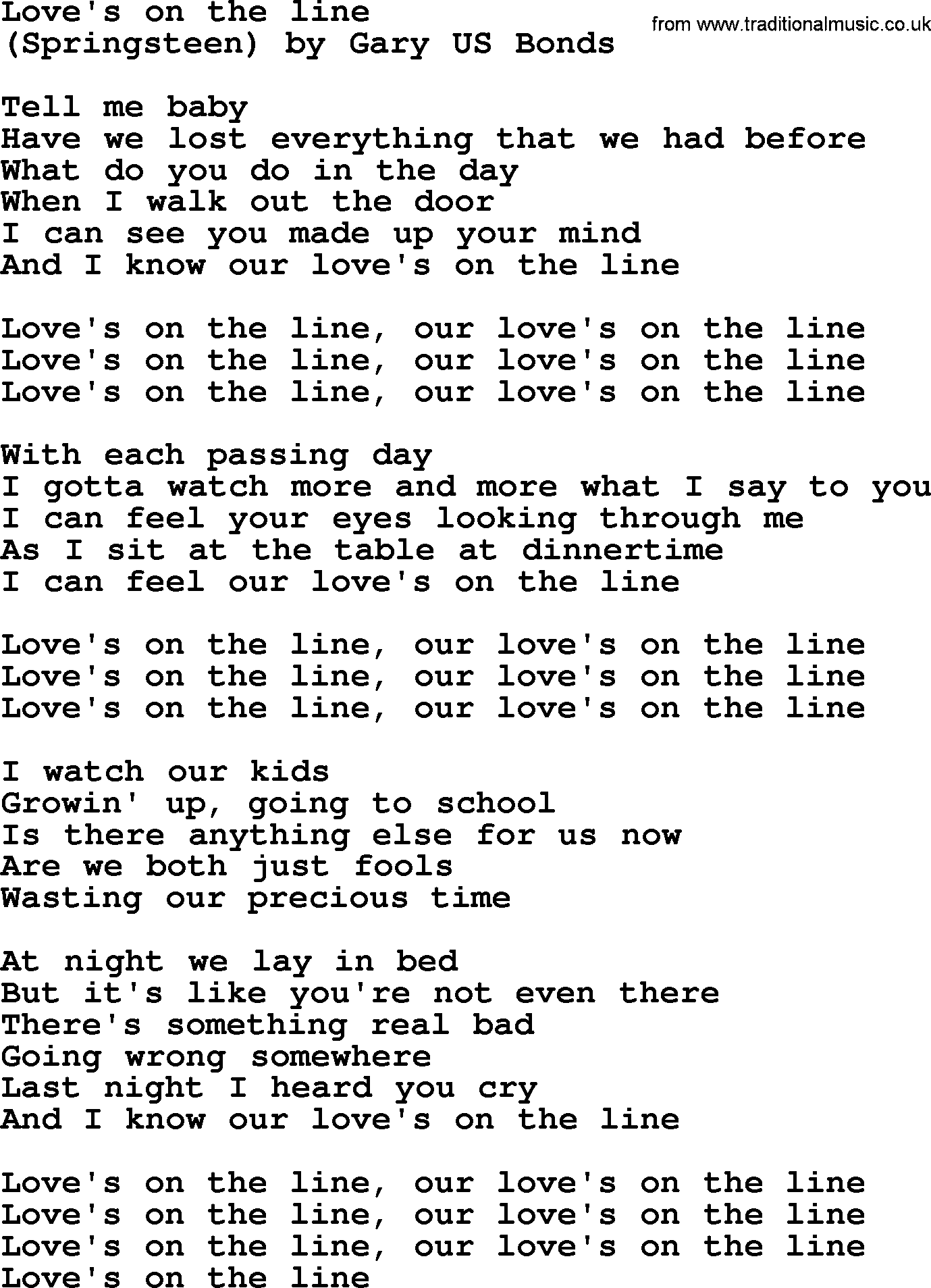 Bruce Springsteen song: Love's On The Line lyrics