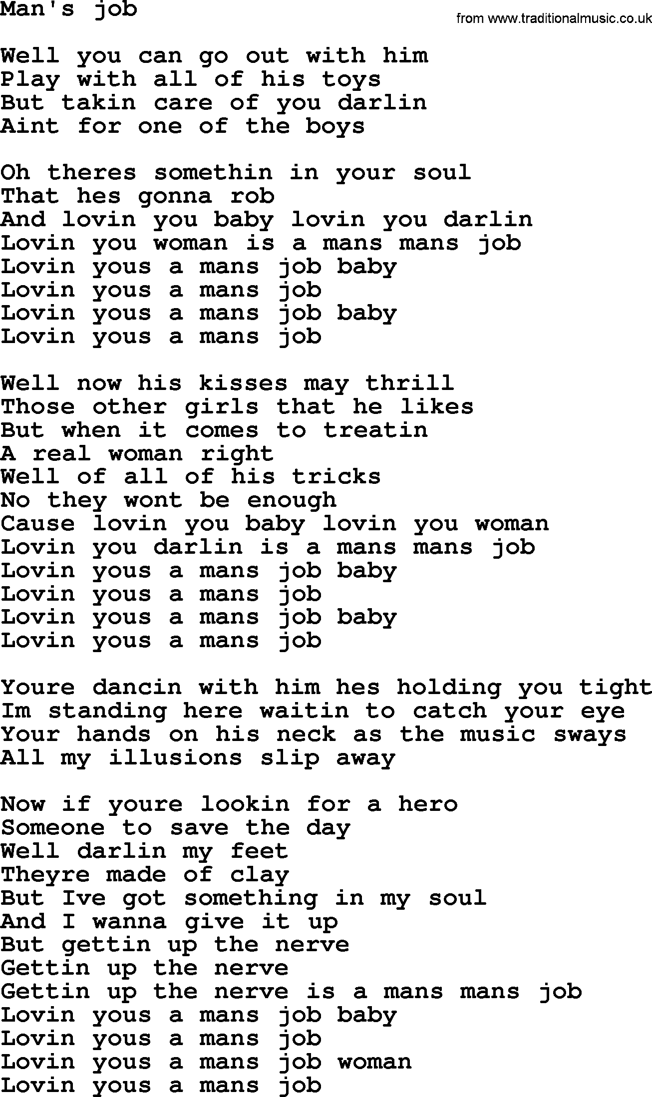 Bruce Springsteen song: Man's Job lyrics