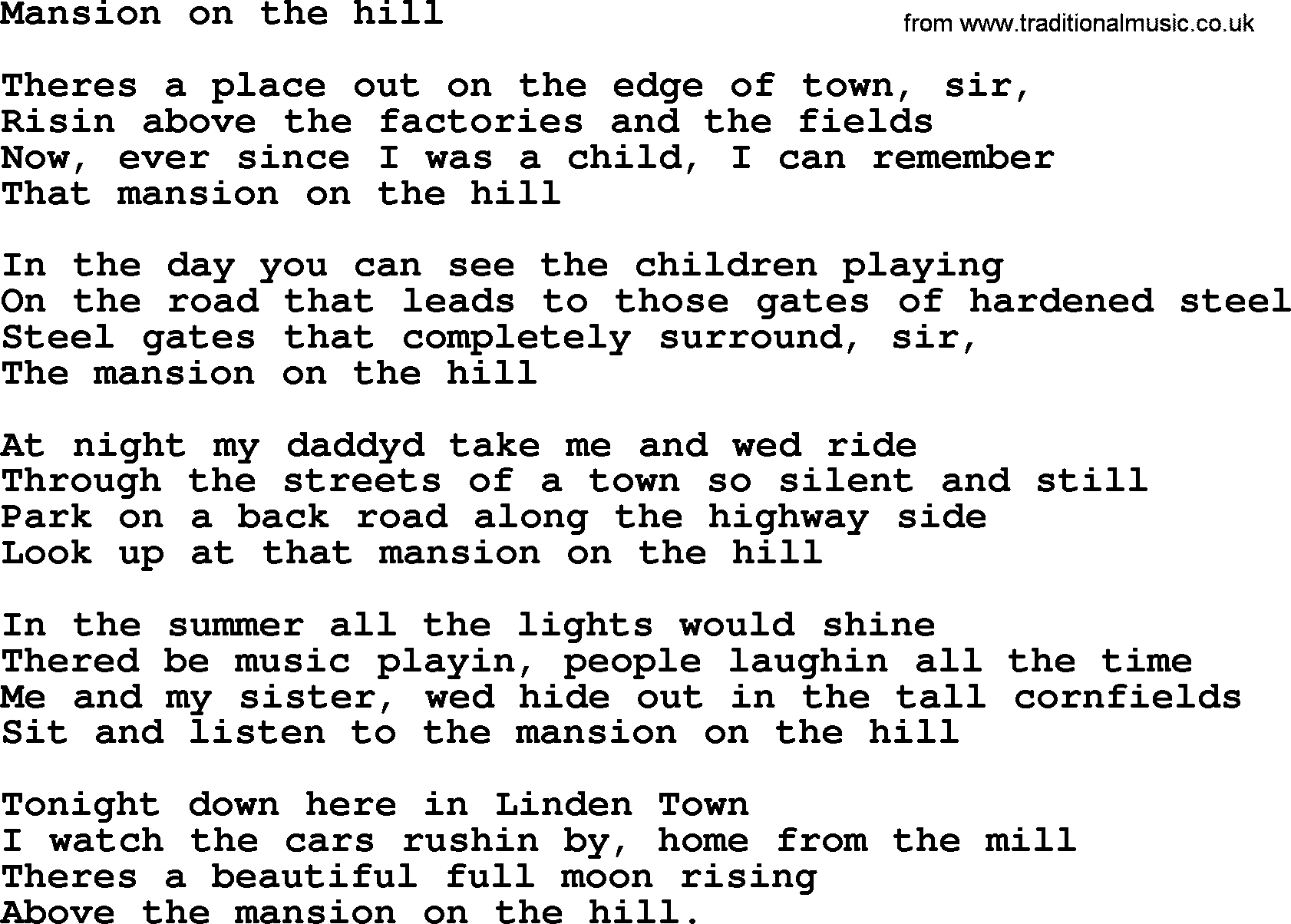 Bruce Springsteen song: Mansion On The Hill lyrics