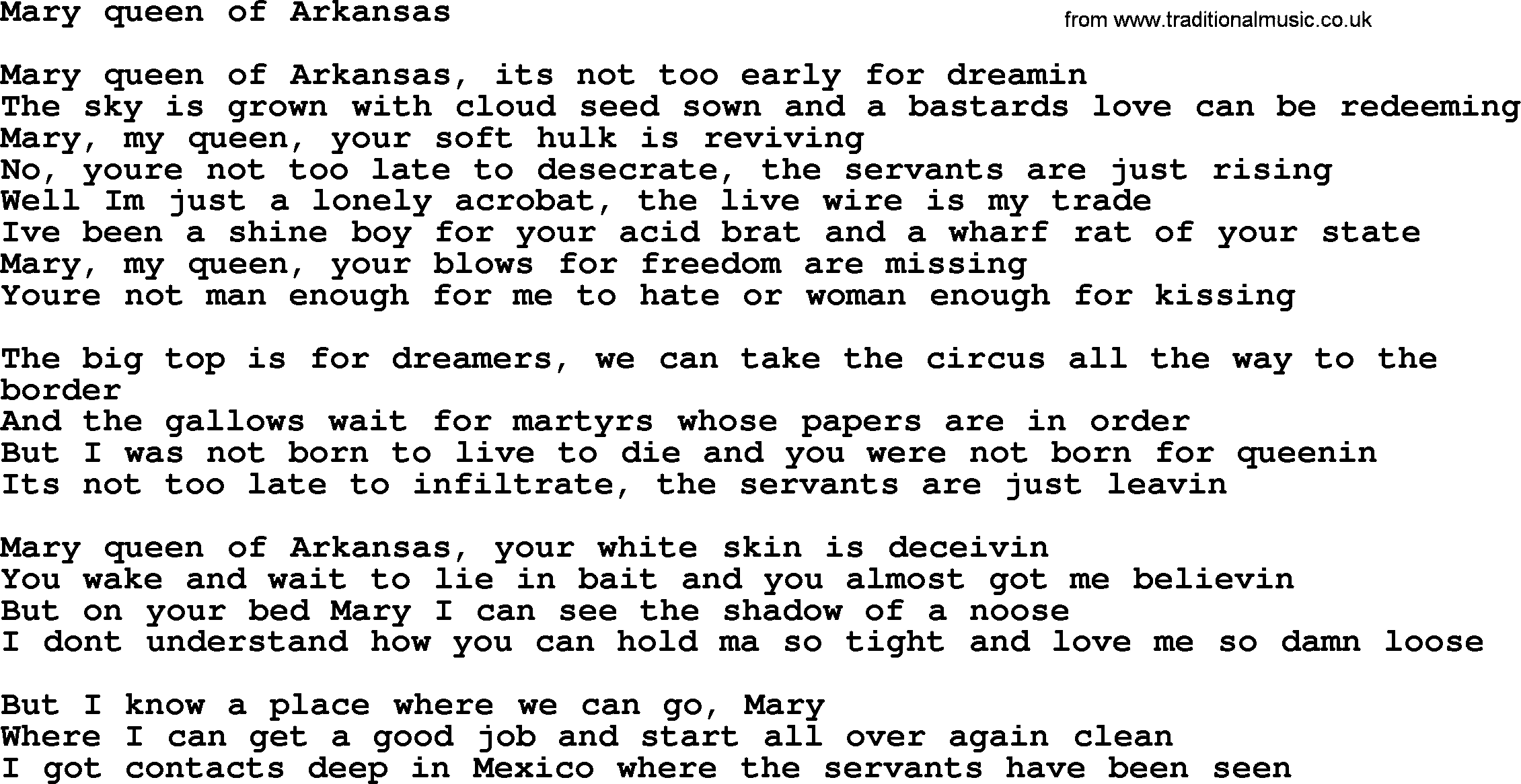 Bruce Springsteen song: Mary Queen Of Arkansas lyrics