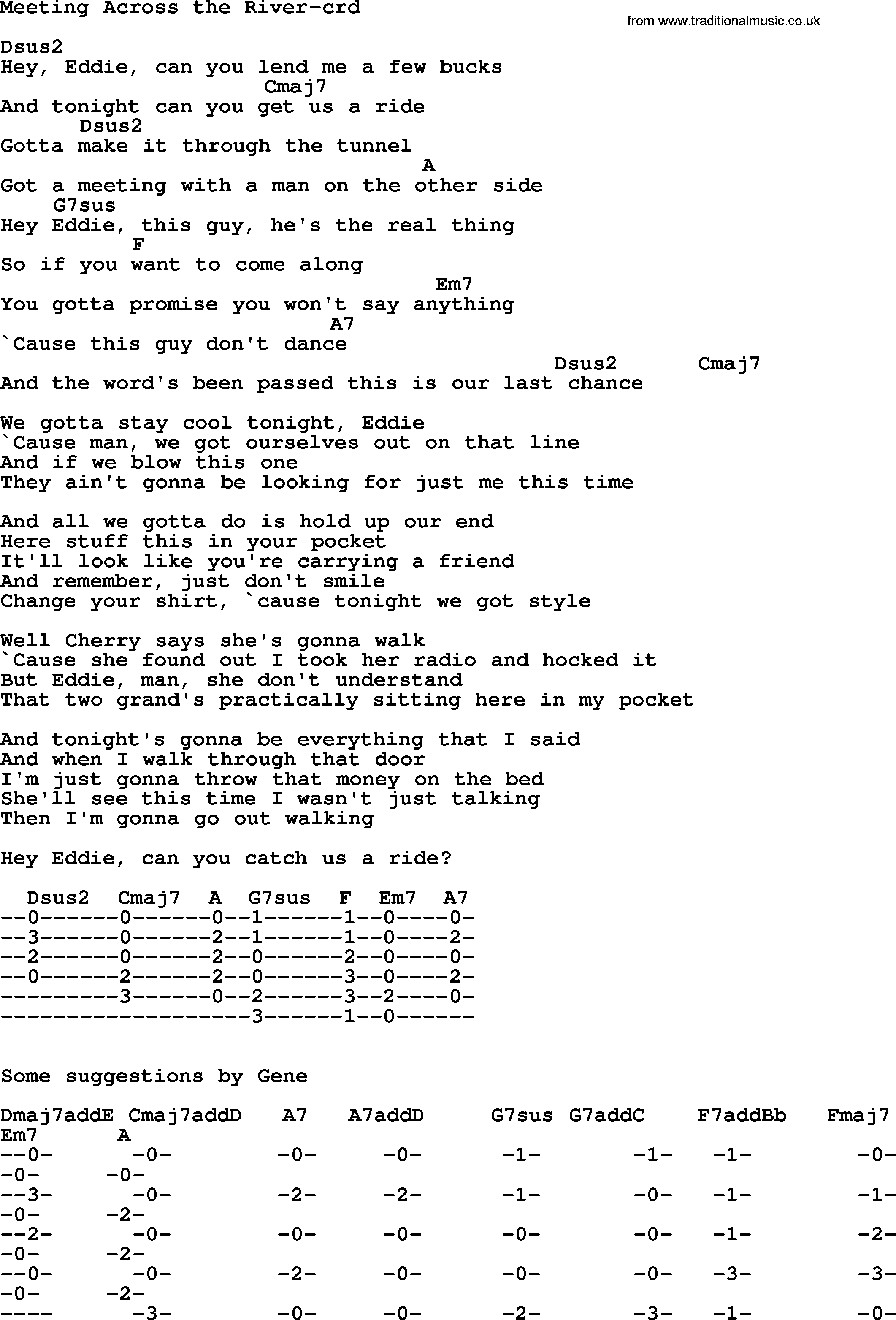 Bruce Springsteen song: Meeting Across The River, lyrics and chords