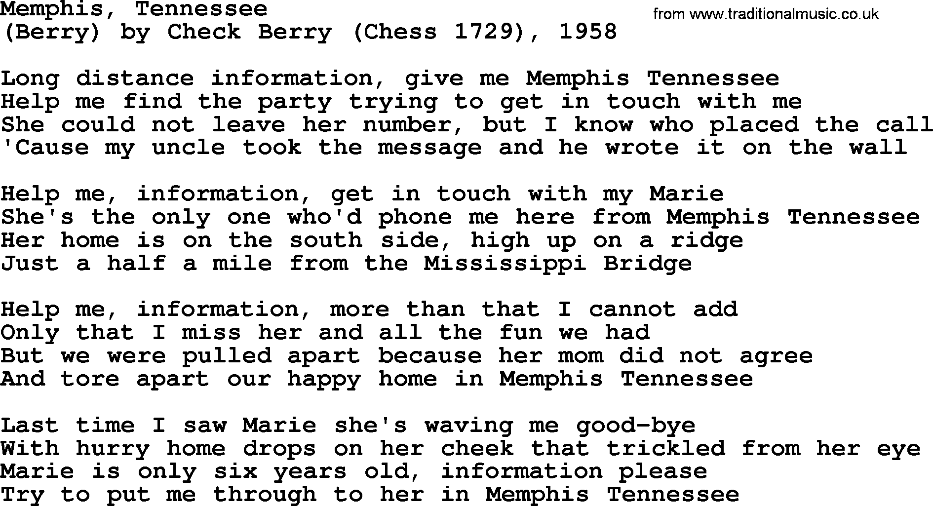 Bruce Springsteen song: Memphis, Tennessee lyrics