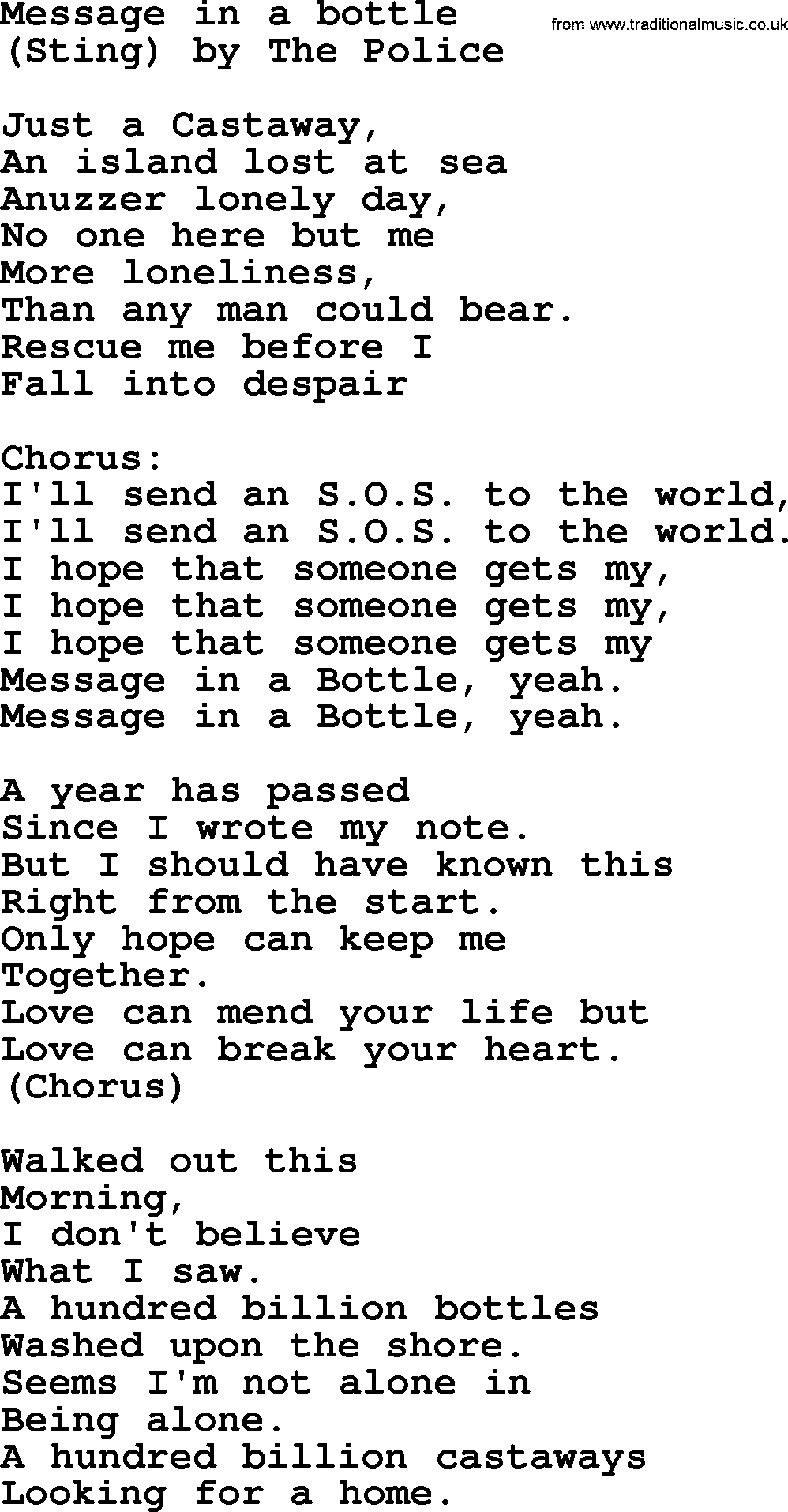 Message in a bottle lyrics