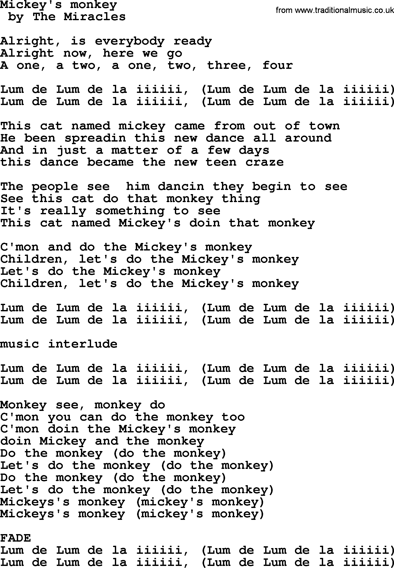 Bruce Springsteen song: Mickey's Monkey lyrics
