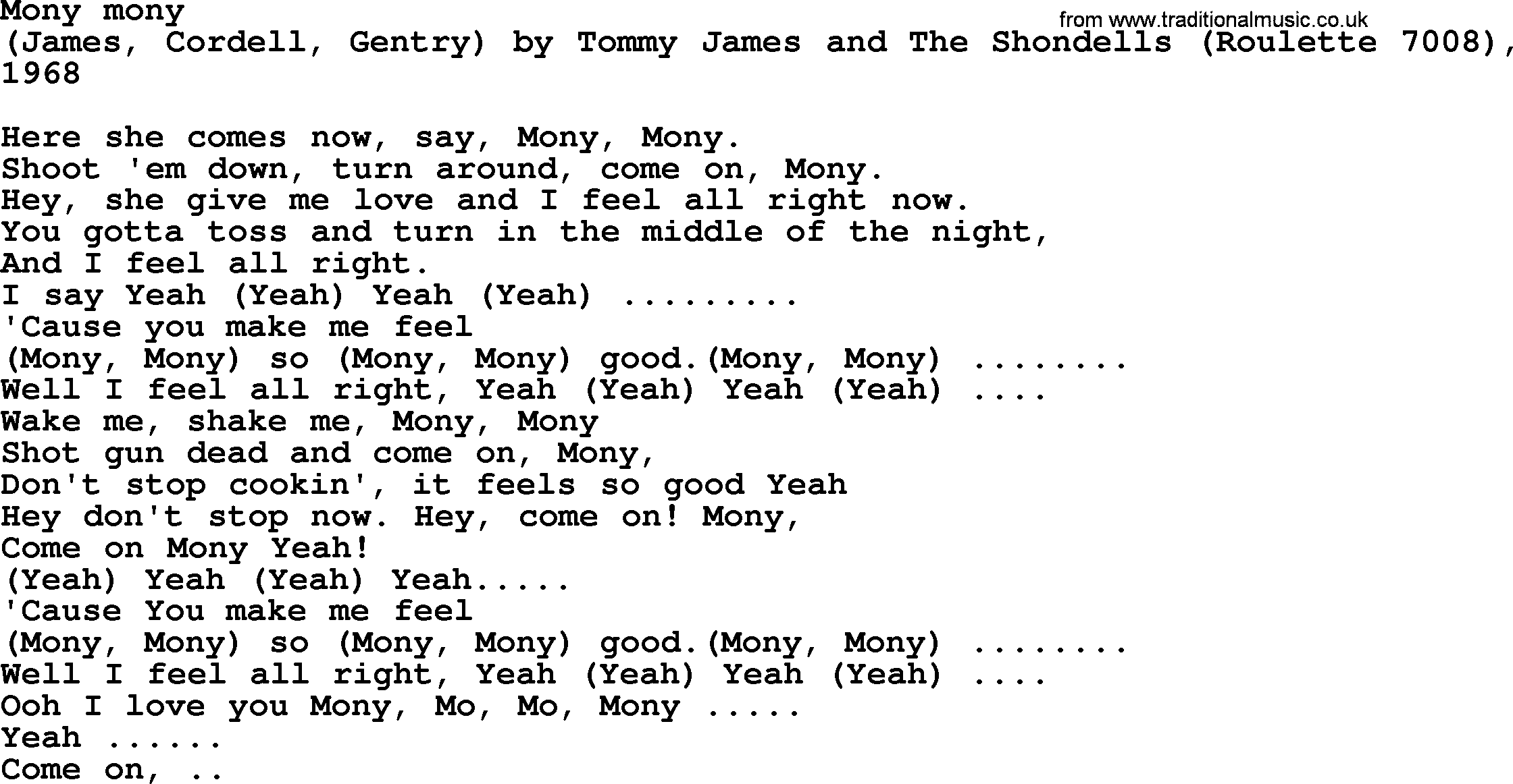 Bruce Springsteen song: Mony Mony lyrics
