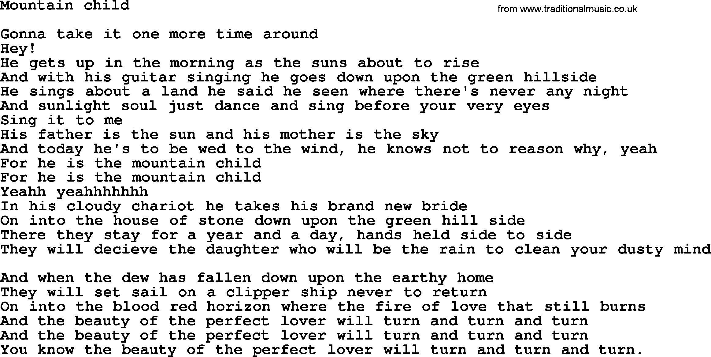 Bruce Springsteen song: Mountain Child lyrics