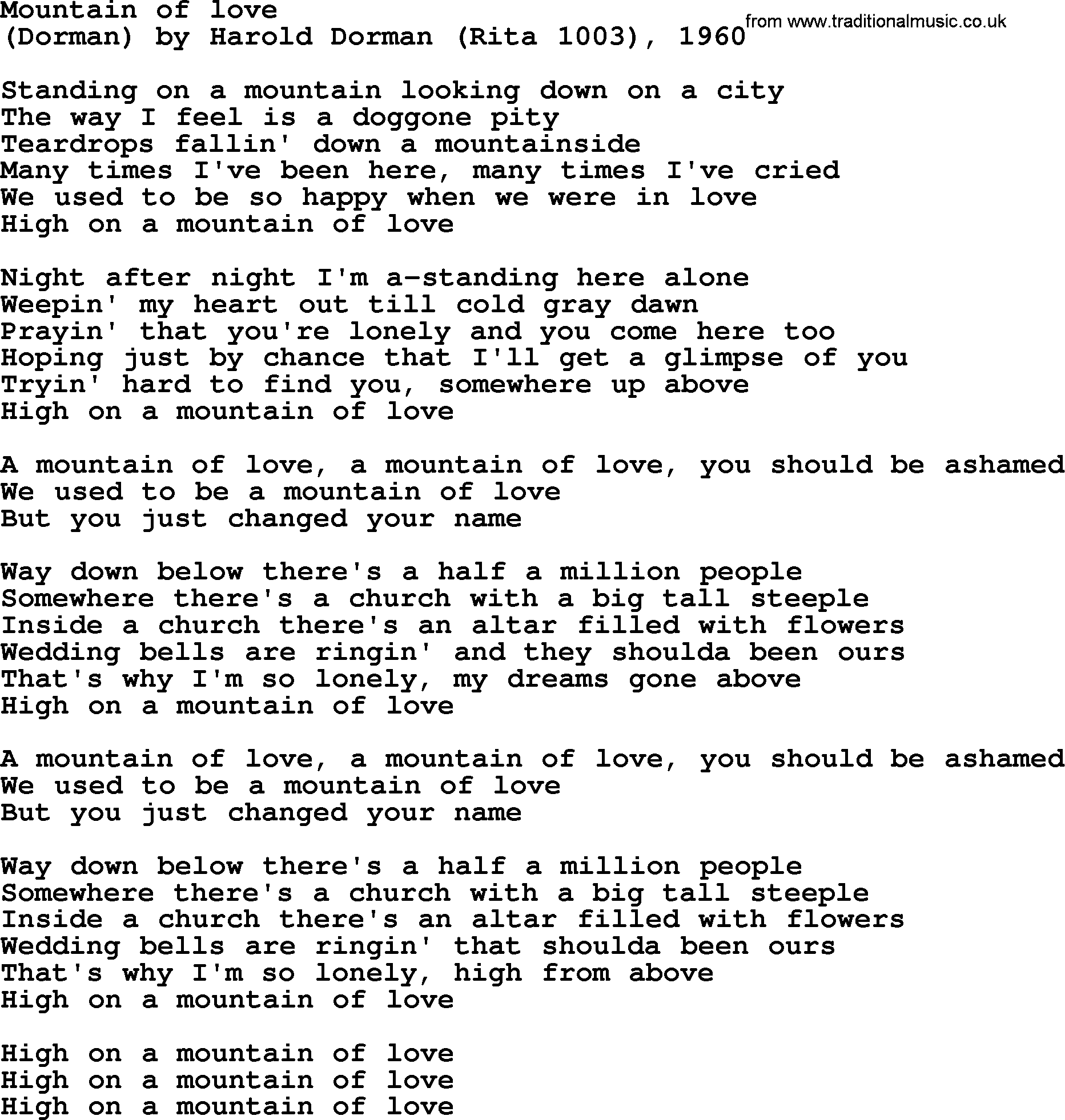 Bruce Springsteen song: Mountain Of Love lyrics