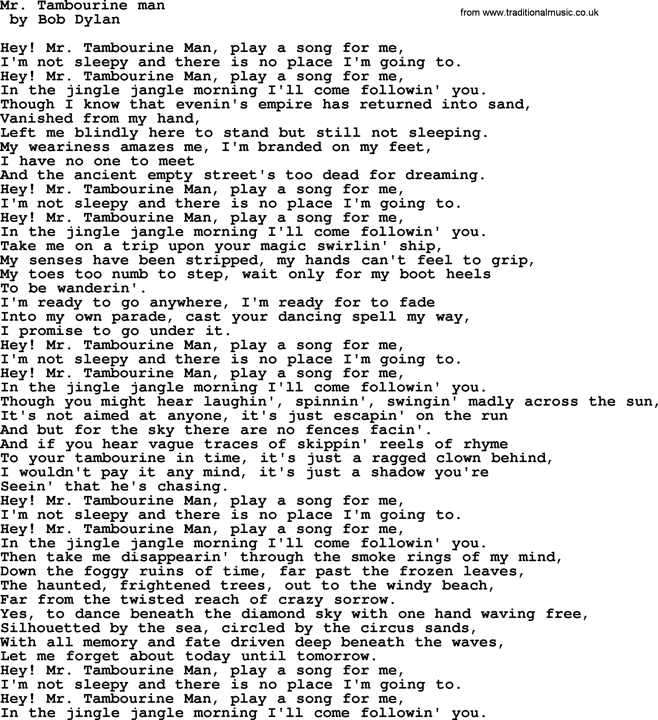 Bruce Springsteen song: Mr Tambourine Man lyrics