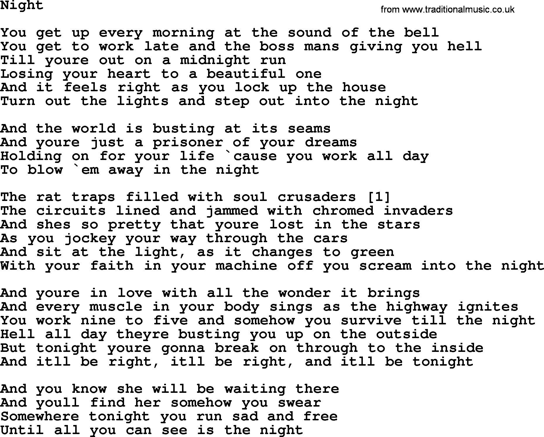 Bruce Springsteen song: Night lyrics
