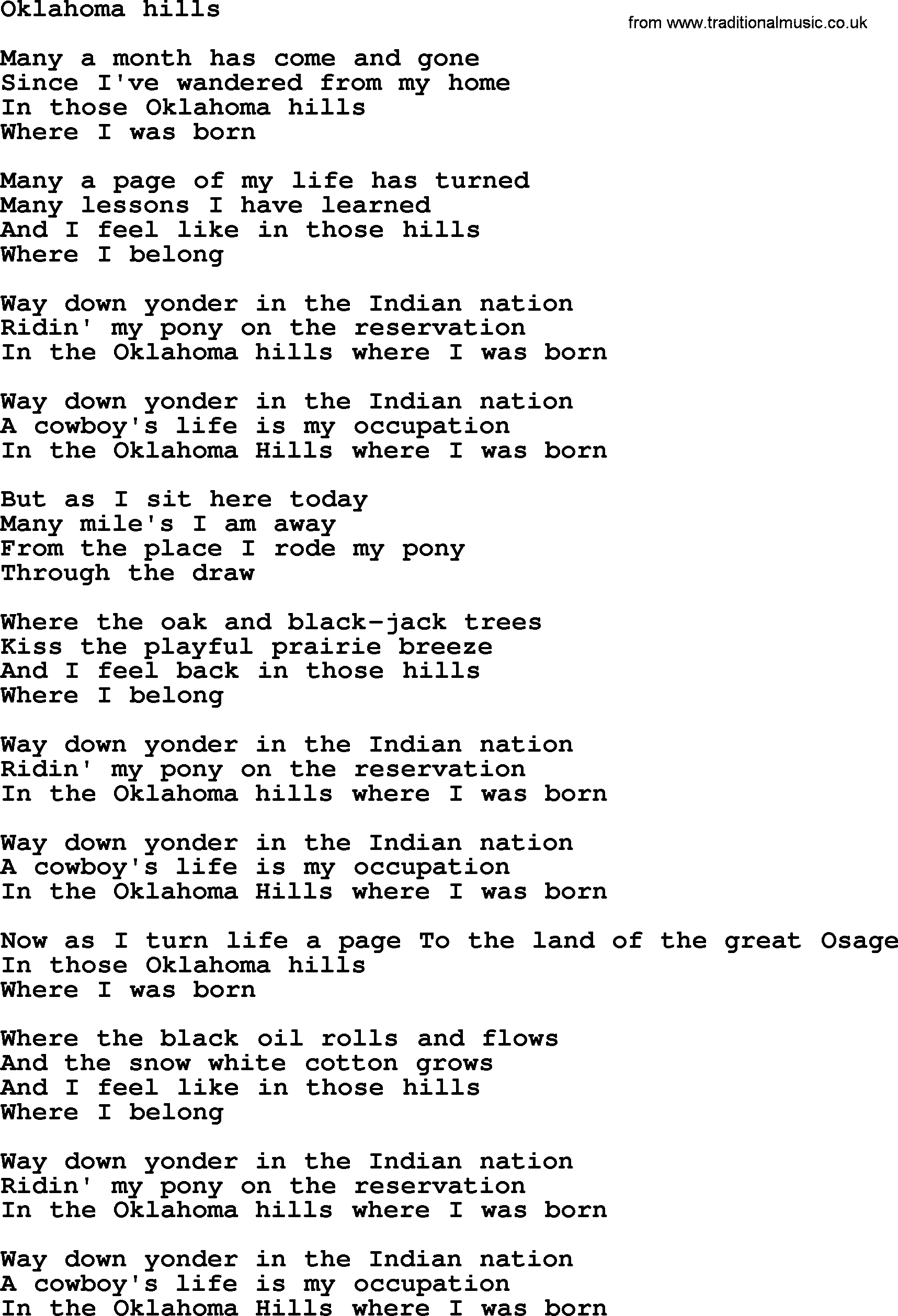 Bruce Springsteen song: Oklahoma Hills lyrics
