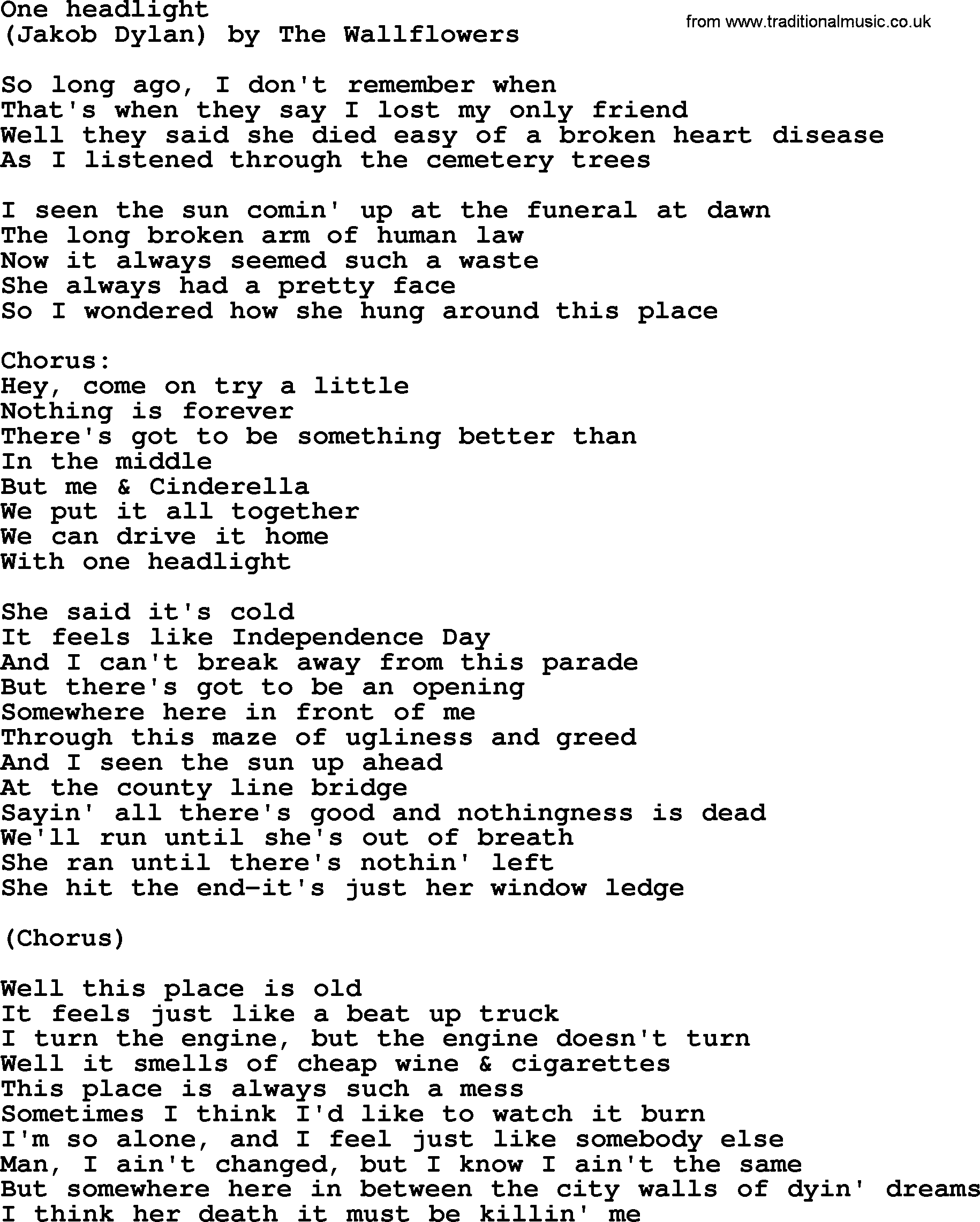 Bruce Springsteen song: One Headlight lyrics