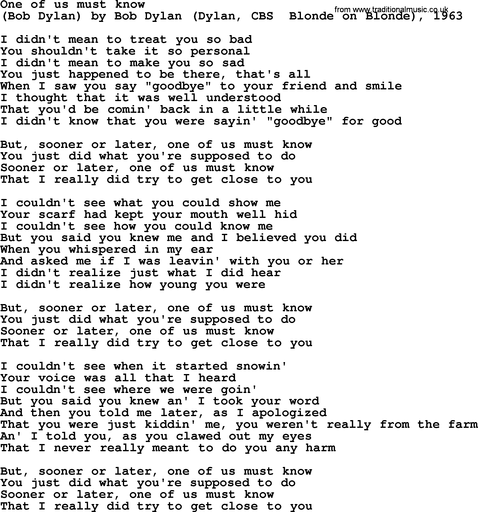 Bruce Springsteen song: One Of Us Must Know lyrics