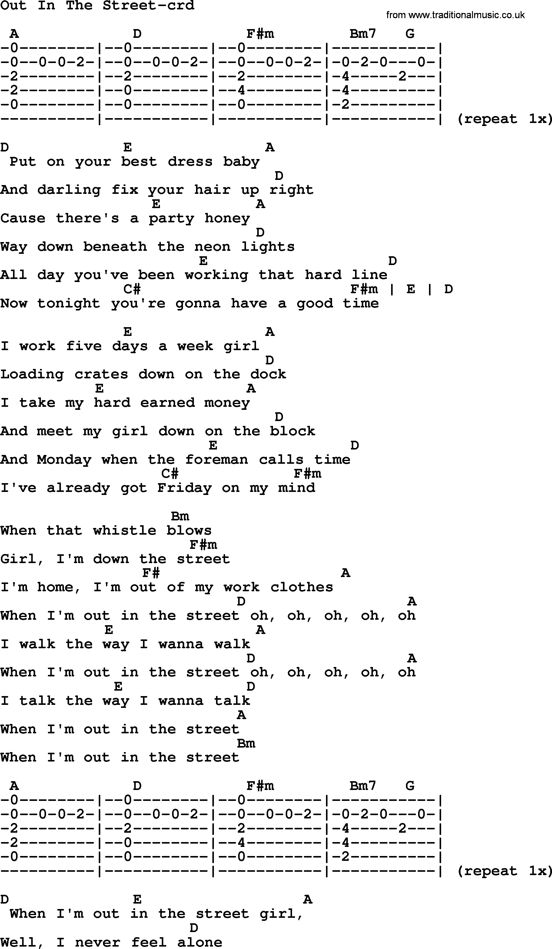 Bruce Springsteen Song Out In The Street Lyrics And Chords