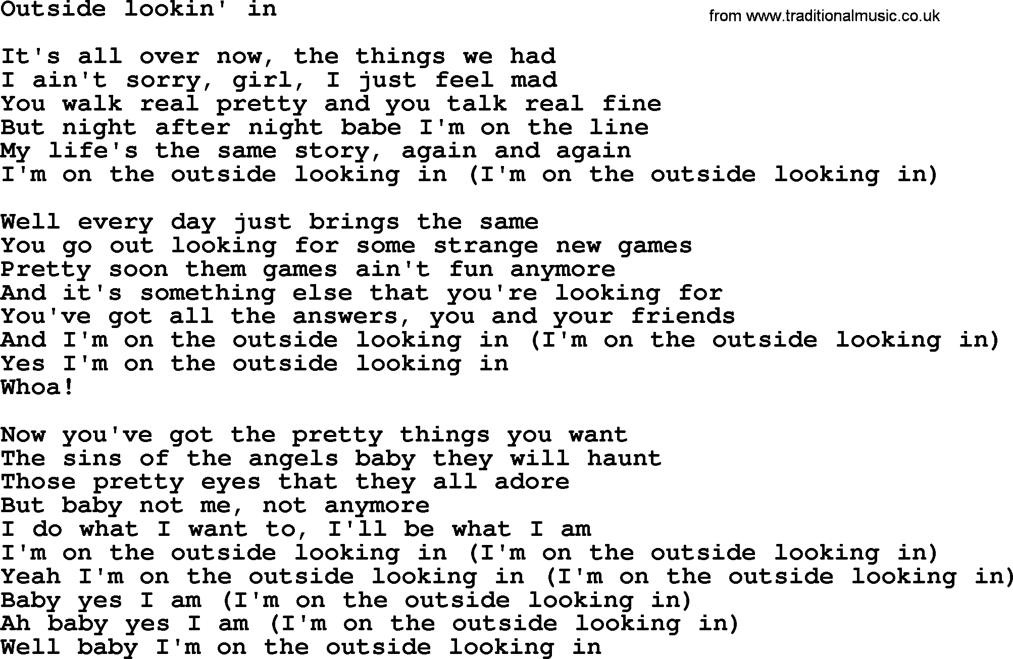 Bruce Springsteen song: Outside Lookin' In lyrics