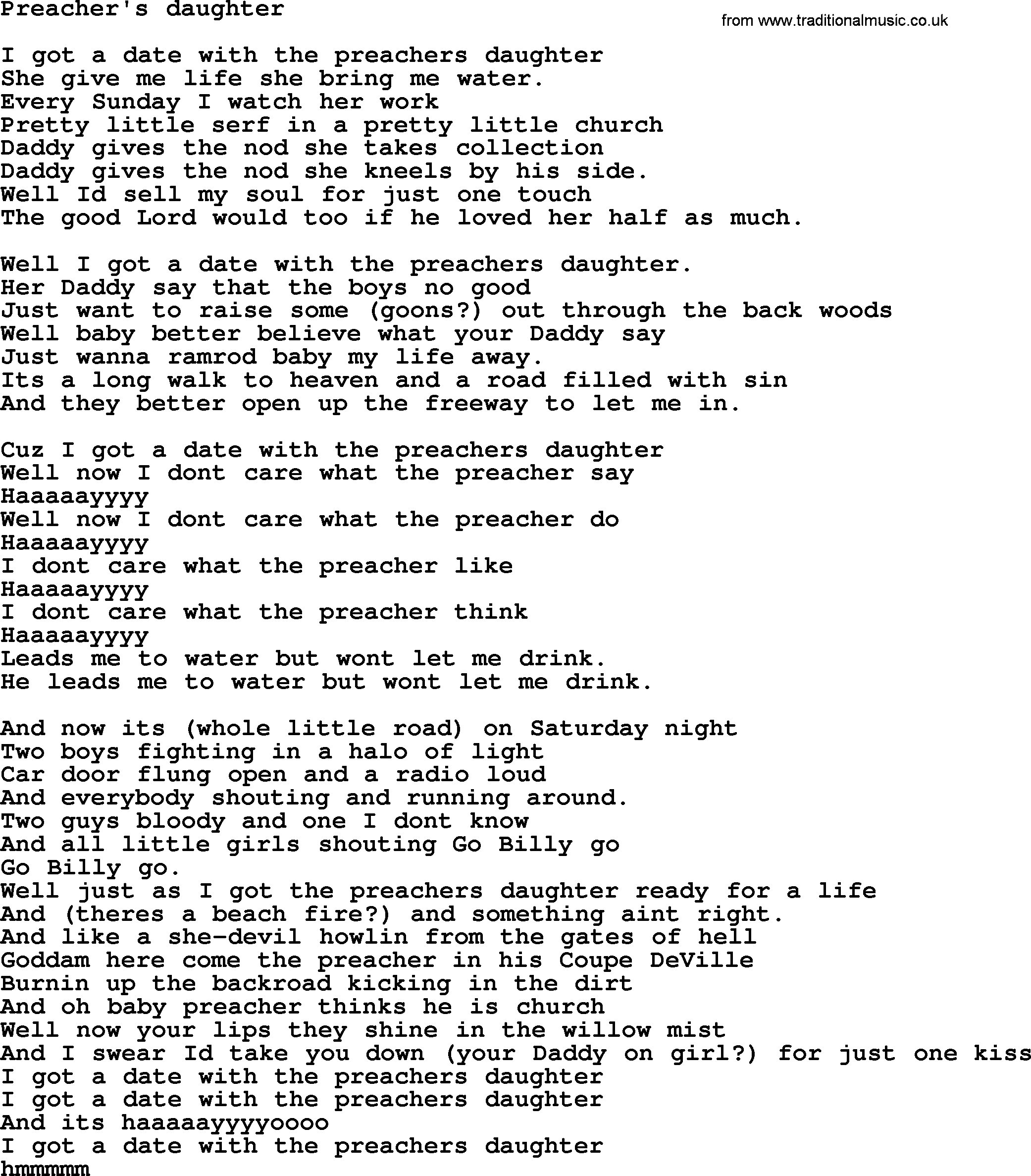 Bruce Springsteen song: Preacher's Daughter lyrics