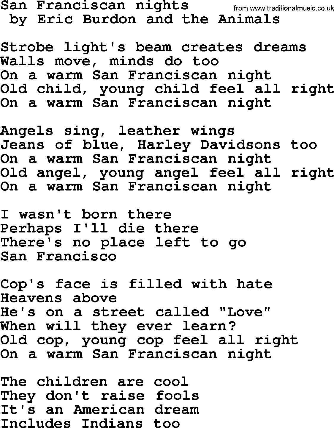 Bruce Springsteen song: San Franciscan Nights lyrics