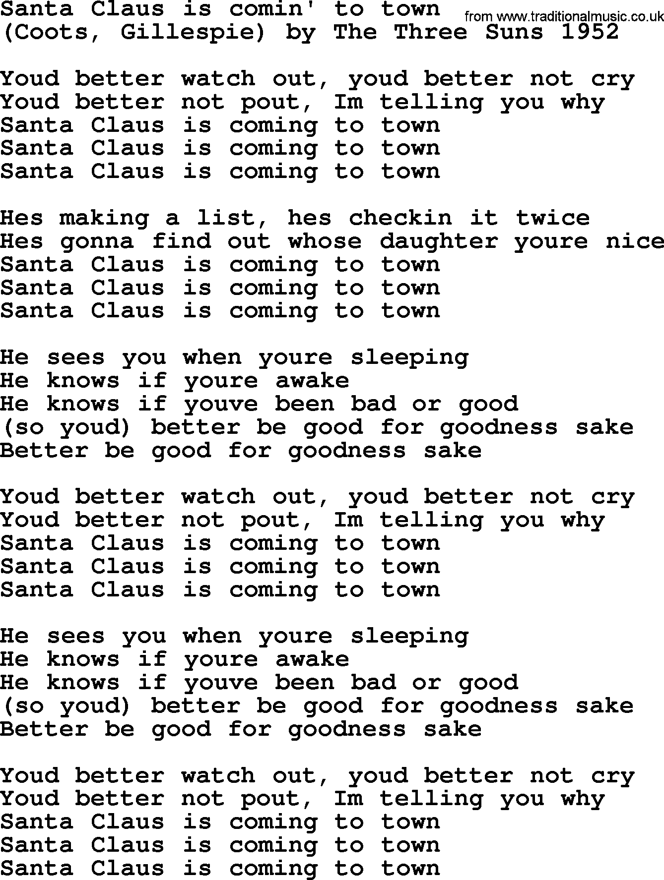 Bruce Springsteen song: Santa Claus Is Comin' To Town, lyrics