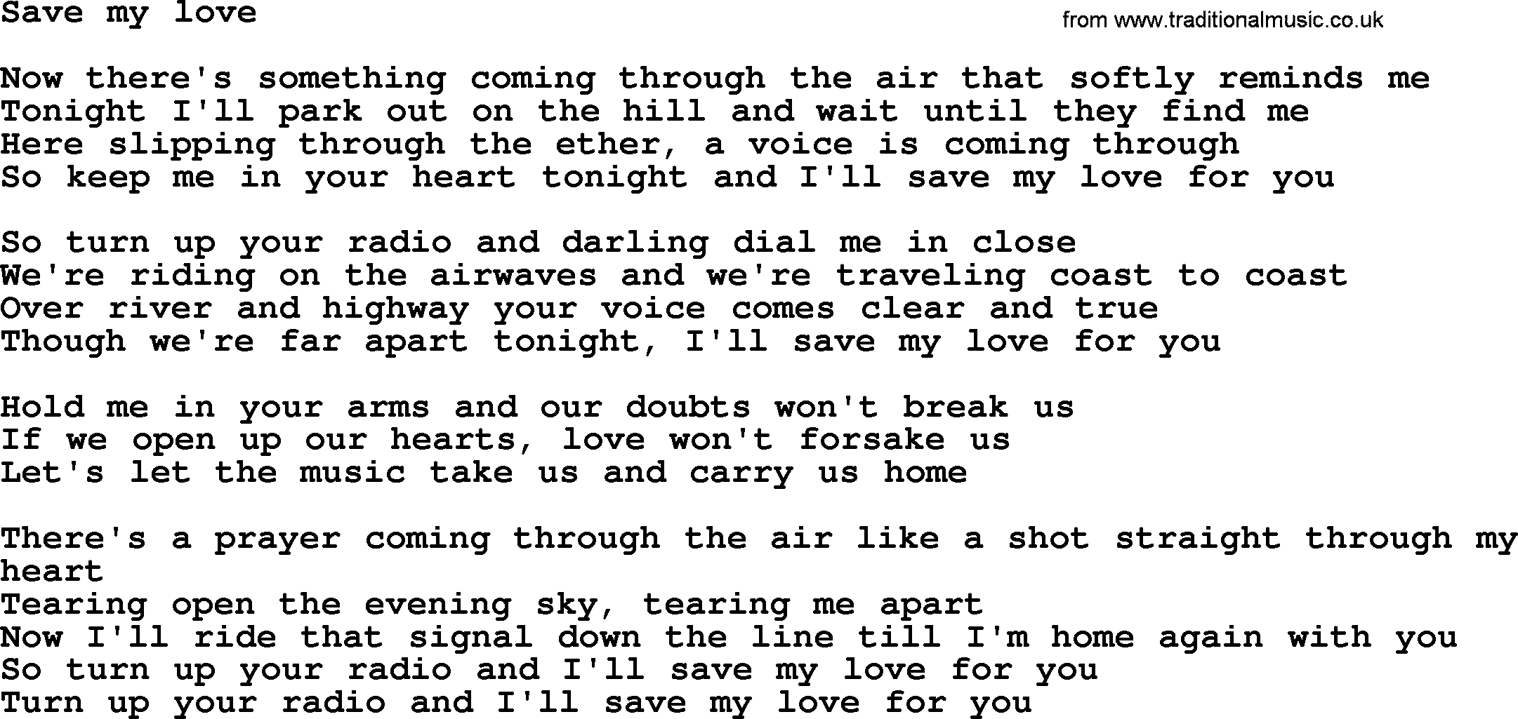 Bruce Springsteen song: Save My Love lyrics