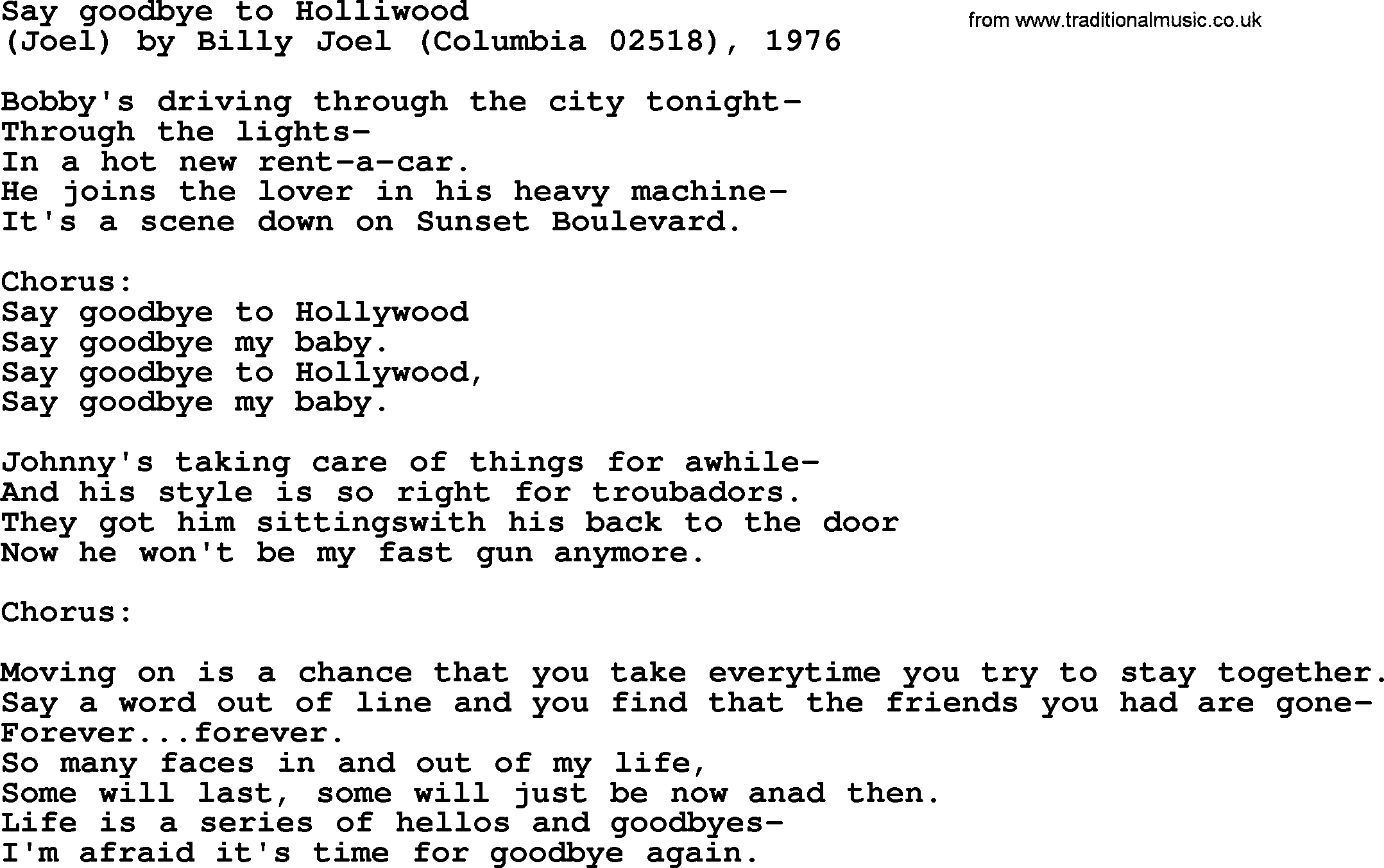 Bruce Springsteen song: Say Goodbye To Holliwood lyrics
