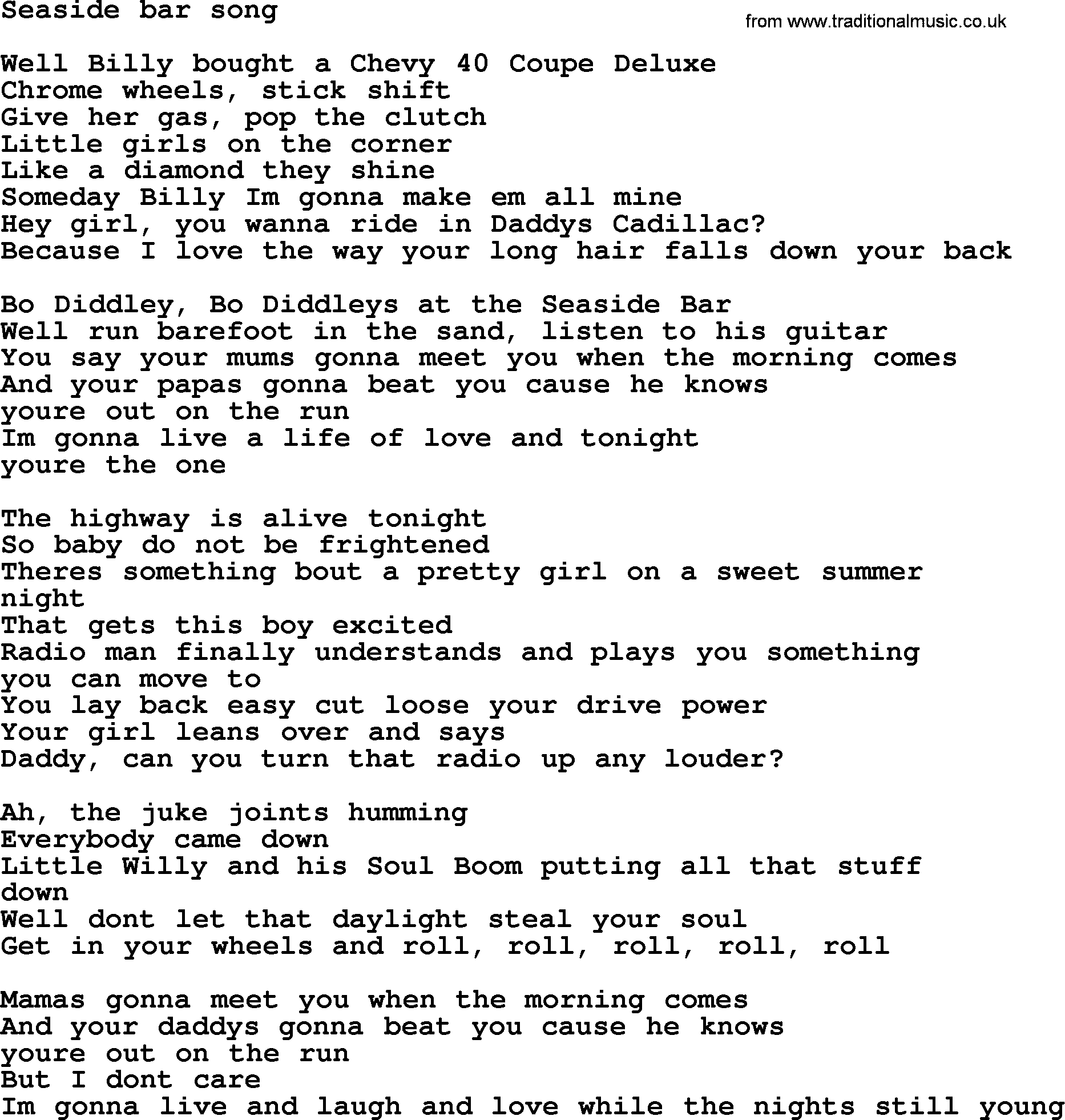 Bruce Springsteen song: Seaside Bar Song lyrics