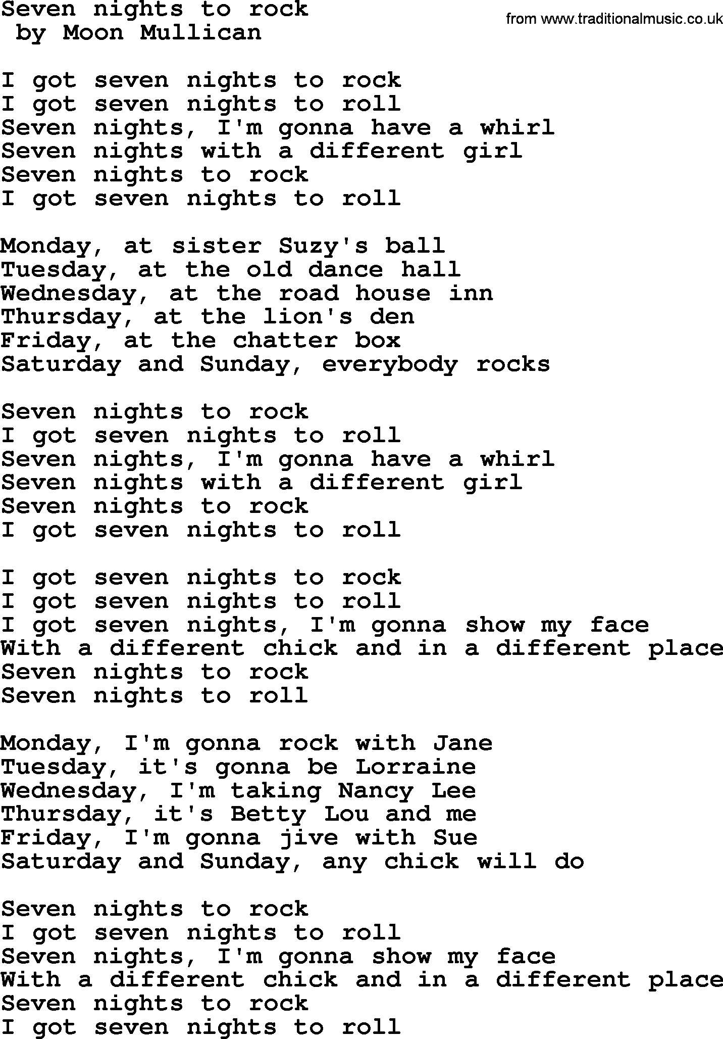 Bruce Springsteen song: Seven Nights To Rock lyrics