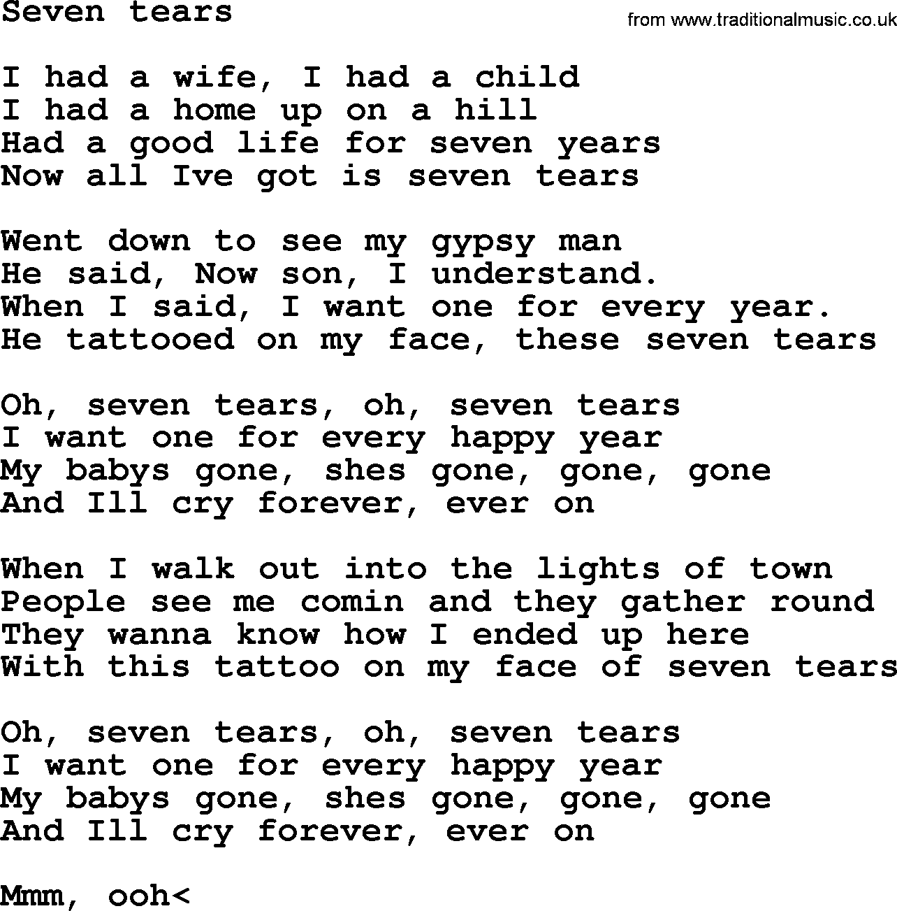 Bruce Springsteen song: Seven Tears lyrics