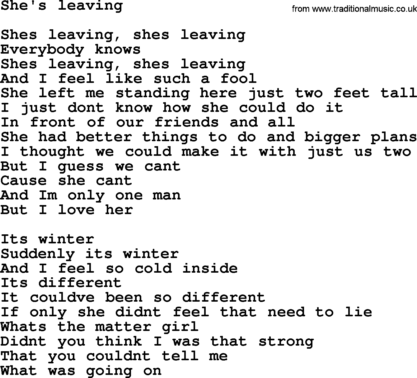 Bruce Springsteen song: She's Leaving lyrics