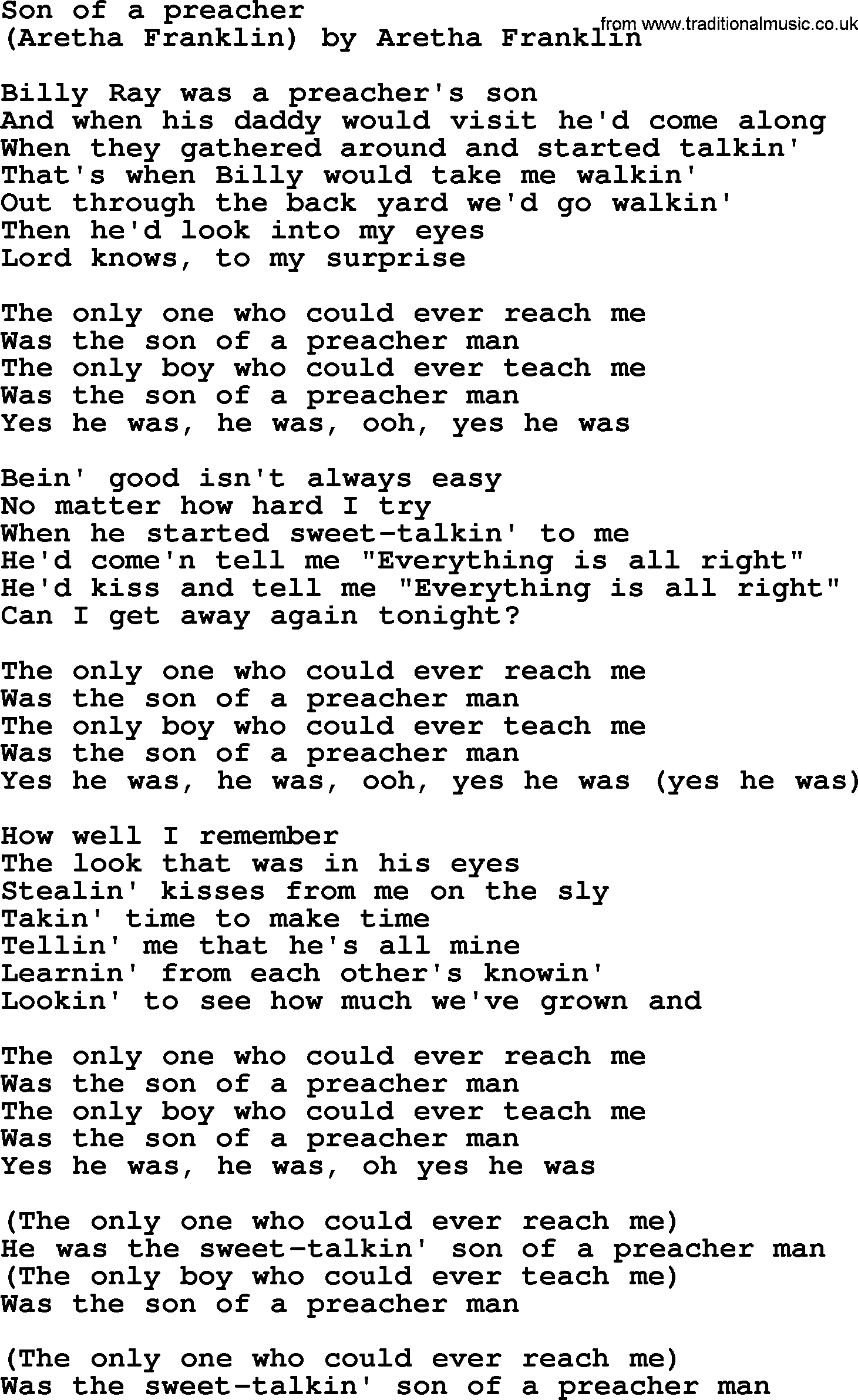 Bruce Springsteen song Son Of A Preacher, lyrics