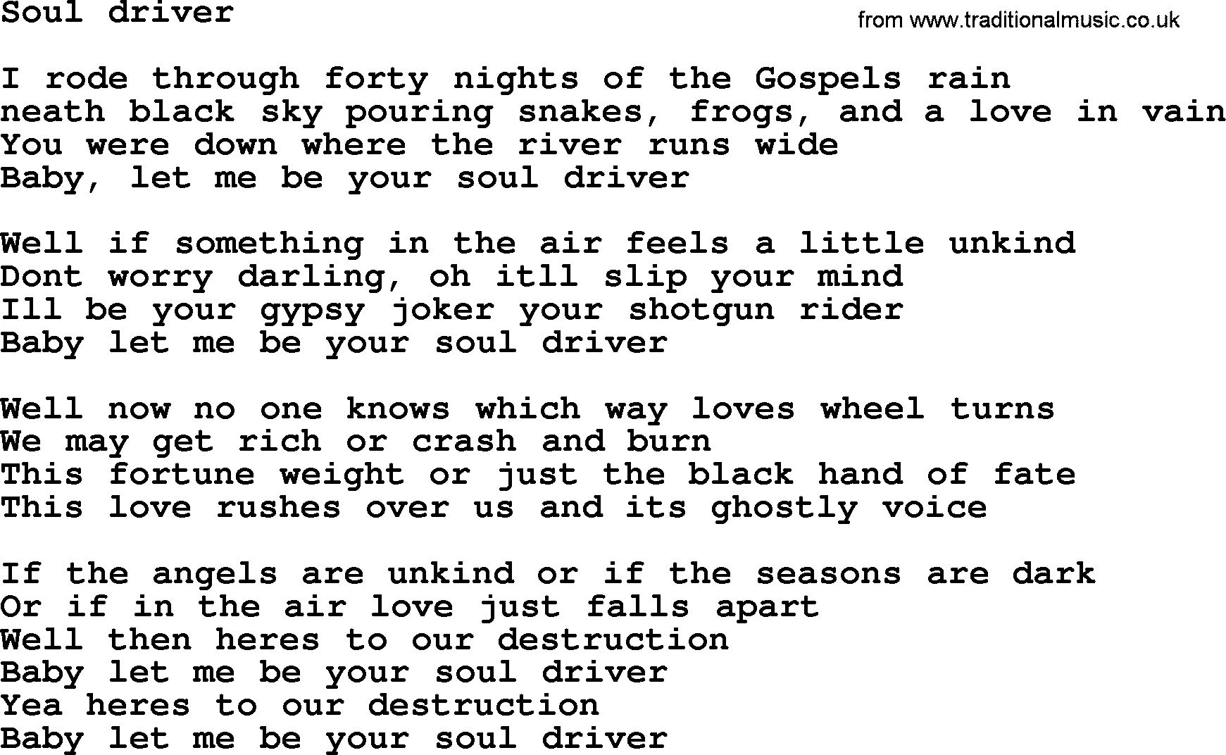 Bruce Springsteen song: Soul Driver lyrics
